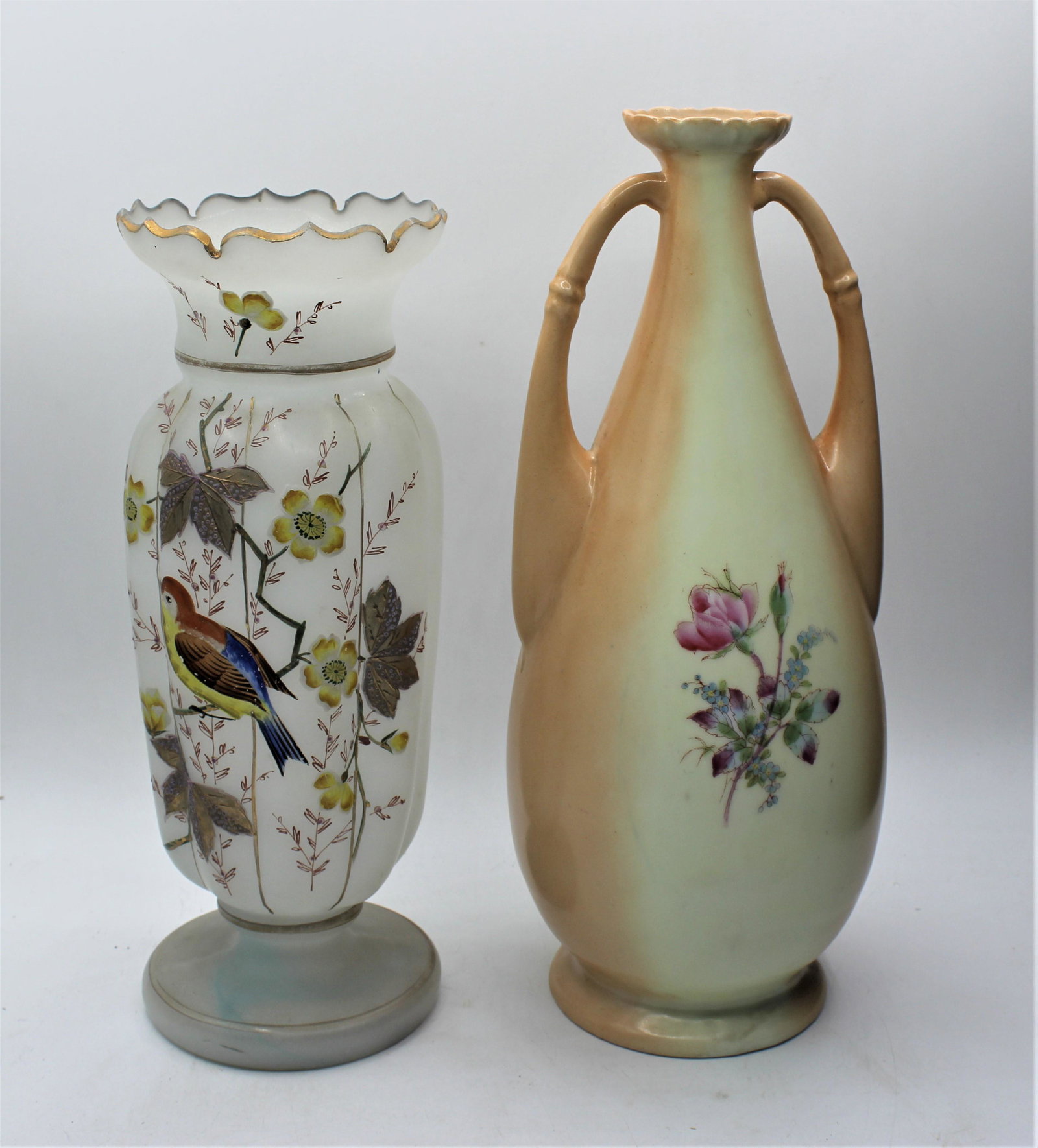 Lot of 2 Antique Floral Vases - Victoria Carlsbad & Nippon: Nippon vase - 12x4.5x4. Victoria Carlsbad Austrian Vase - 13" tall X 6" wide.