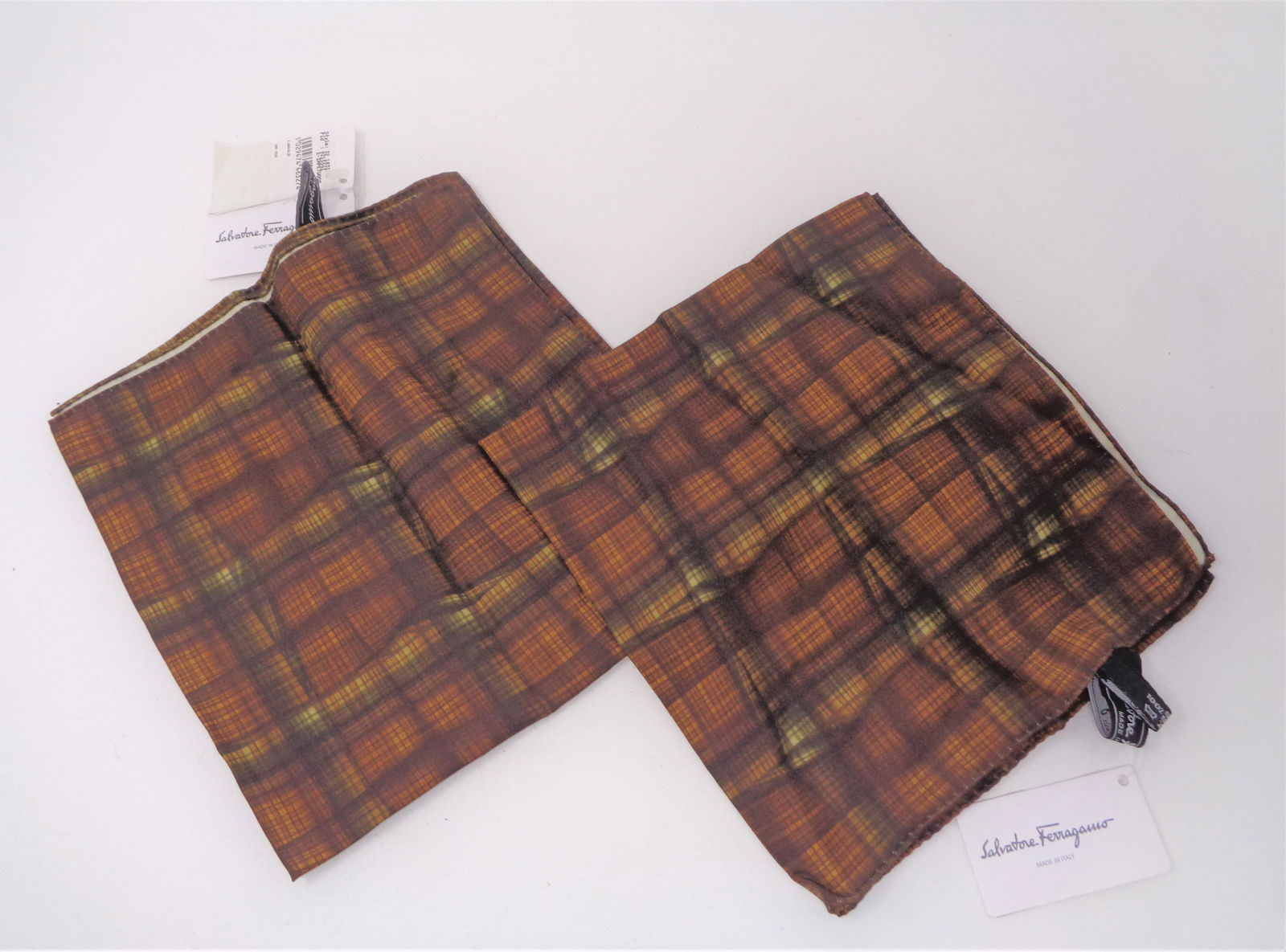Lot of 2 Salvatore Ferragamo Handkerchiefs: Plaid, 100% silk.