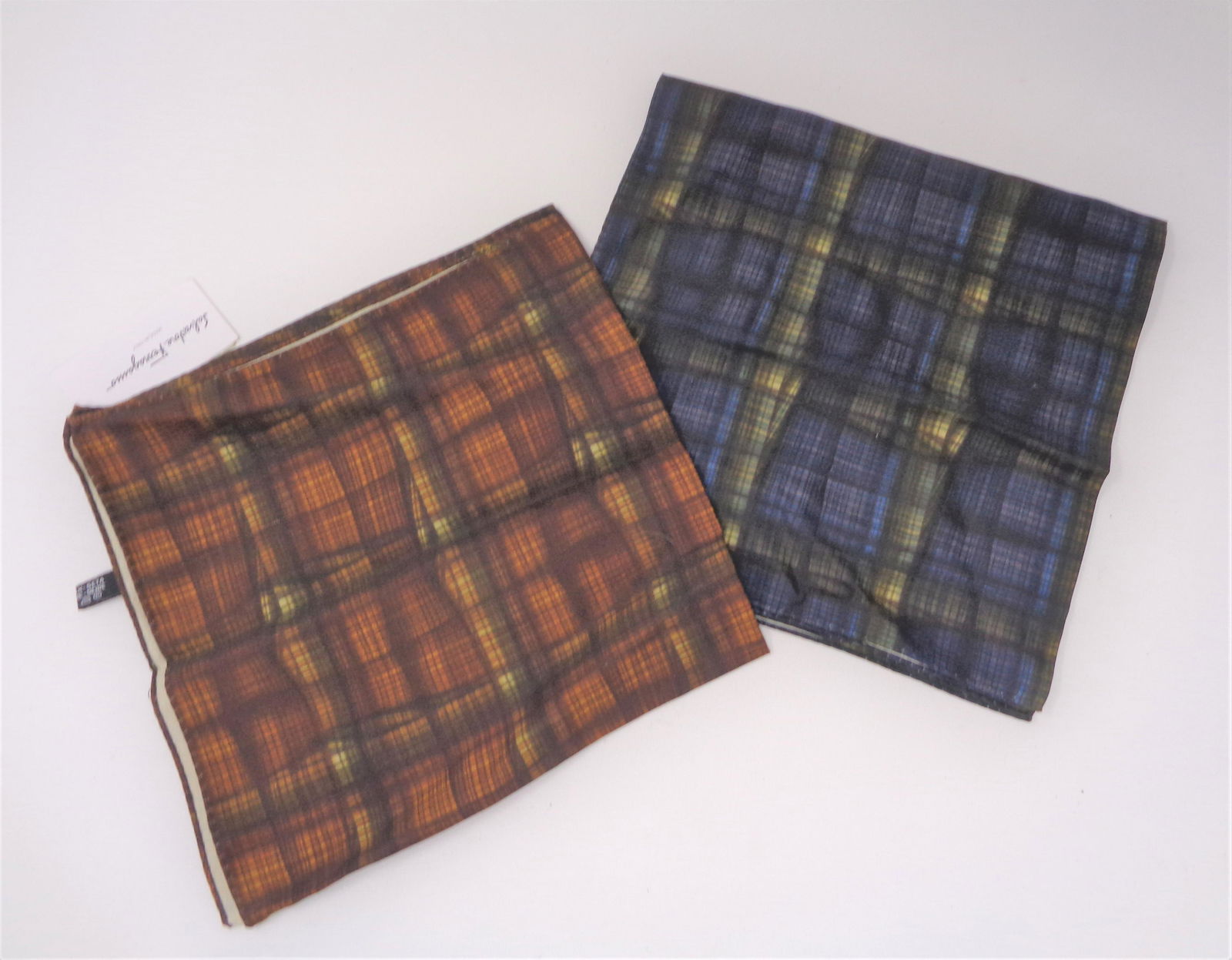 Lot of 2 Salvatore Ferragamo Handkerchiefs: Plaid, 100% silk.