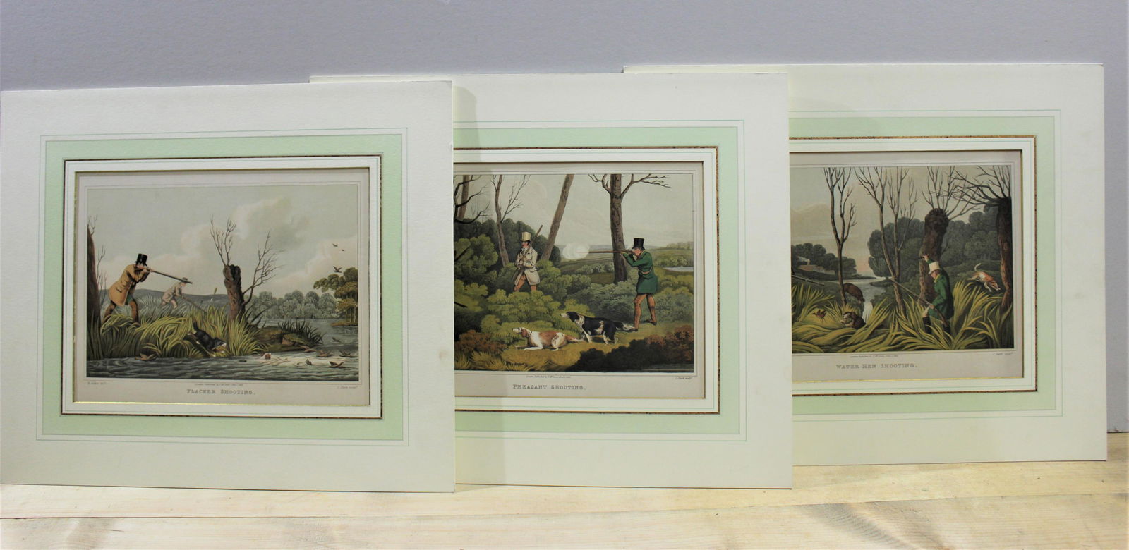 Lot of 3 - Henry Thomas Alken Lithographs: Henry Thomas Alken (British, 1785-1851),"Flacker Shooting", "Water Hen Shooting", and "Pheasant Shooting" published by T. Mclean all in 1820-- 12.5x9.5