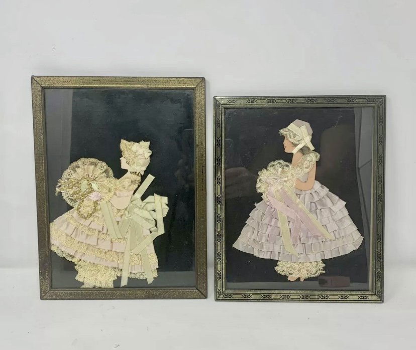 Antique Ribbon & Lace Paper Dolls 1895: Antique Ribbon & Lace Paper Dolls Beautiful 1895.The back of the one doll states that it was made in 1895. Both frames are slightly loose. See images for conditions, they represent the condition exact