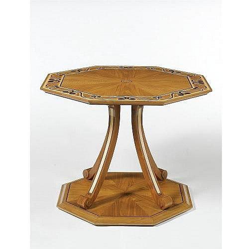 David Linley Octagon Card Table: Sold at Sotheby's London in 2007. Walnut veneer, inlaid with macassar ebony, sycamore and burl wood, the sectional veneered moulded top within a scrolling frieze border, on four splayed supports and a