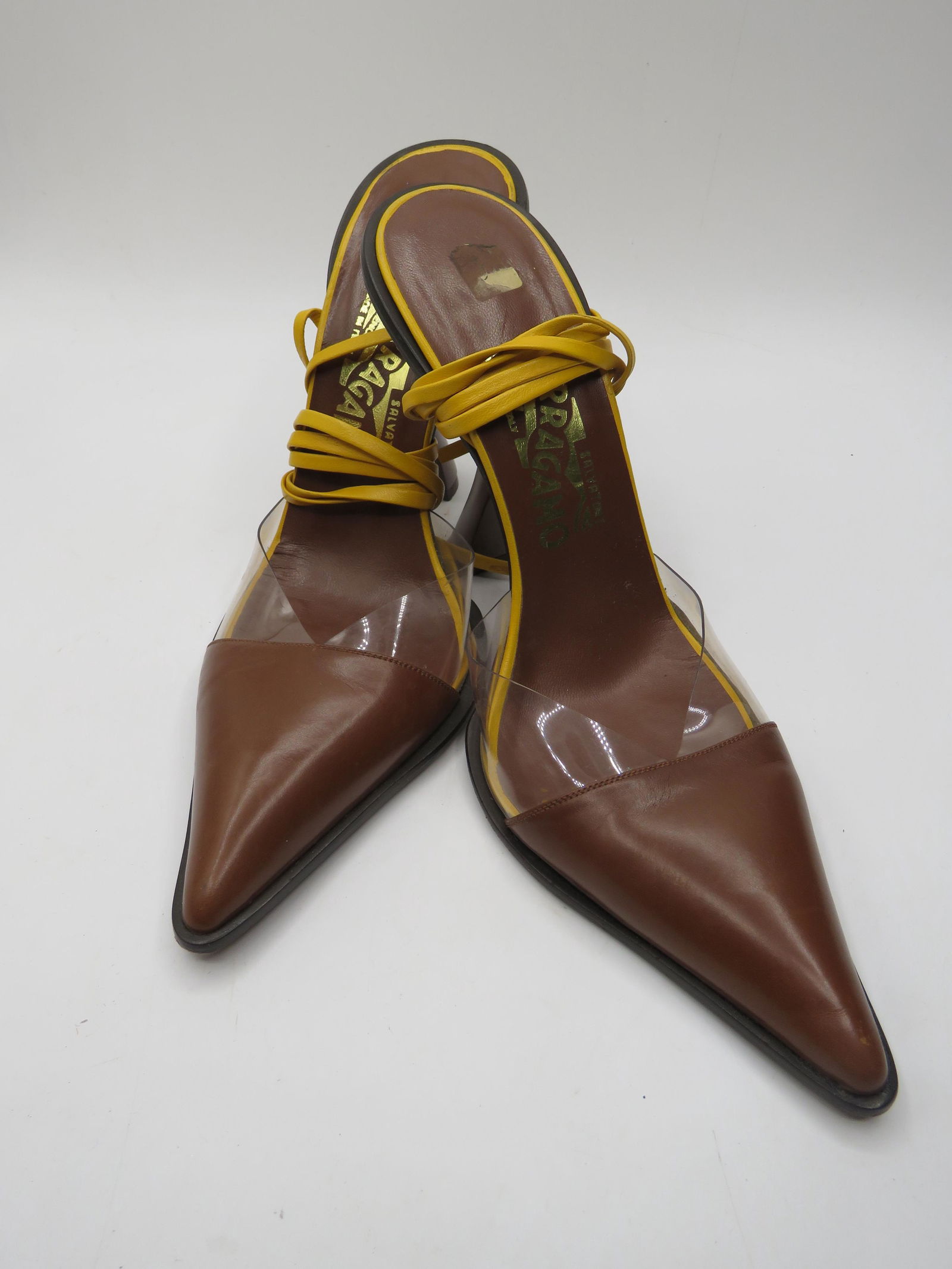 Ferragamo Lace-Up High Heeled Sandals: Sexy wrap around leather straps that laces around calf. Size 9. 3" heel.