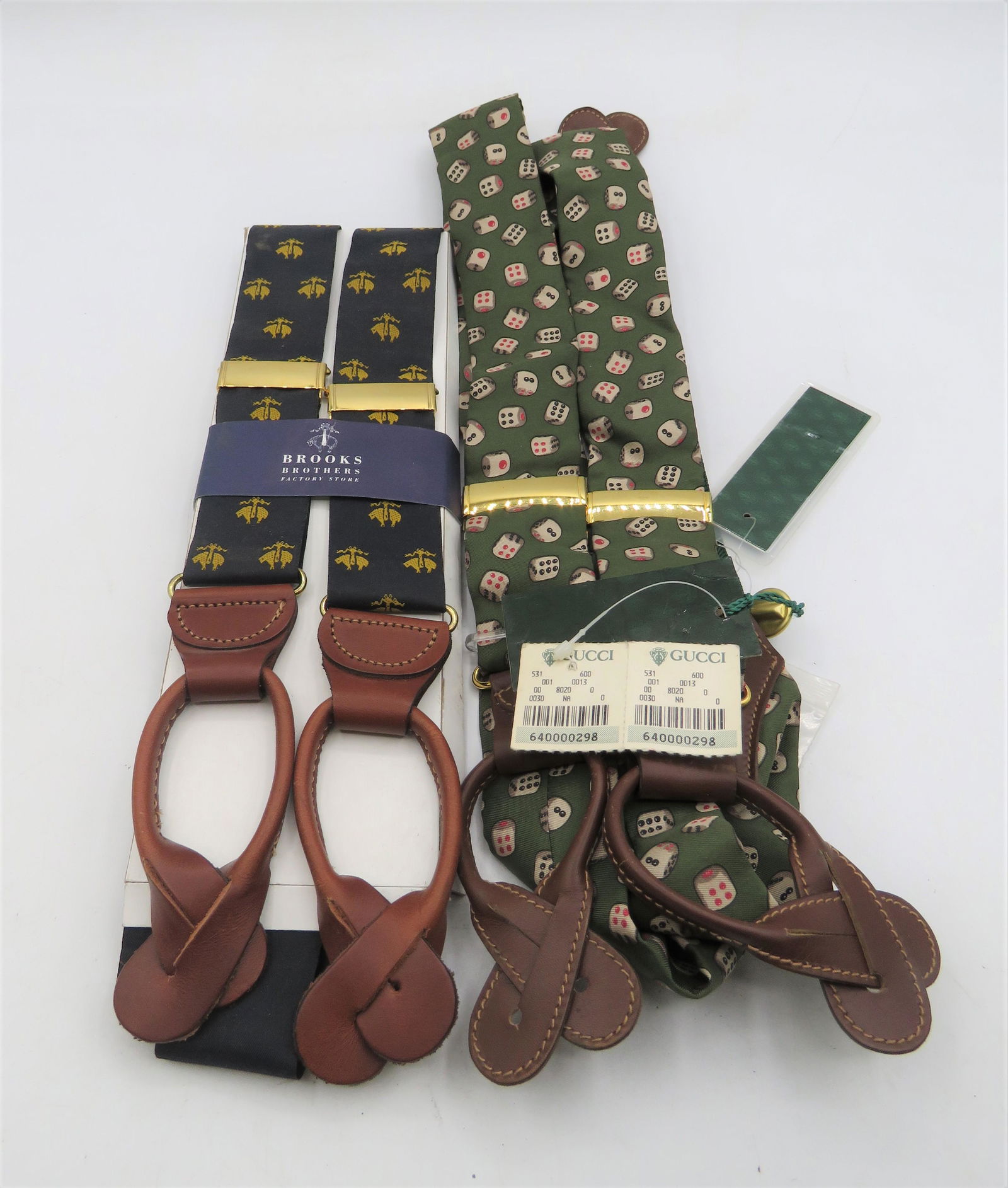 Gucci & Brooks Brothers Suspenders: Gucci suspenders - Dice with gold accents, 100% silk. Brooks Brothers - Logo with gold accents.