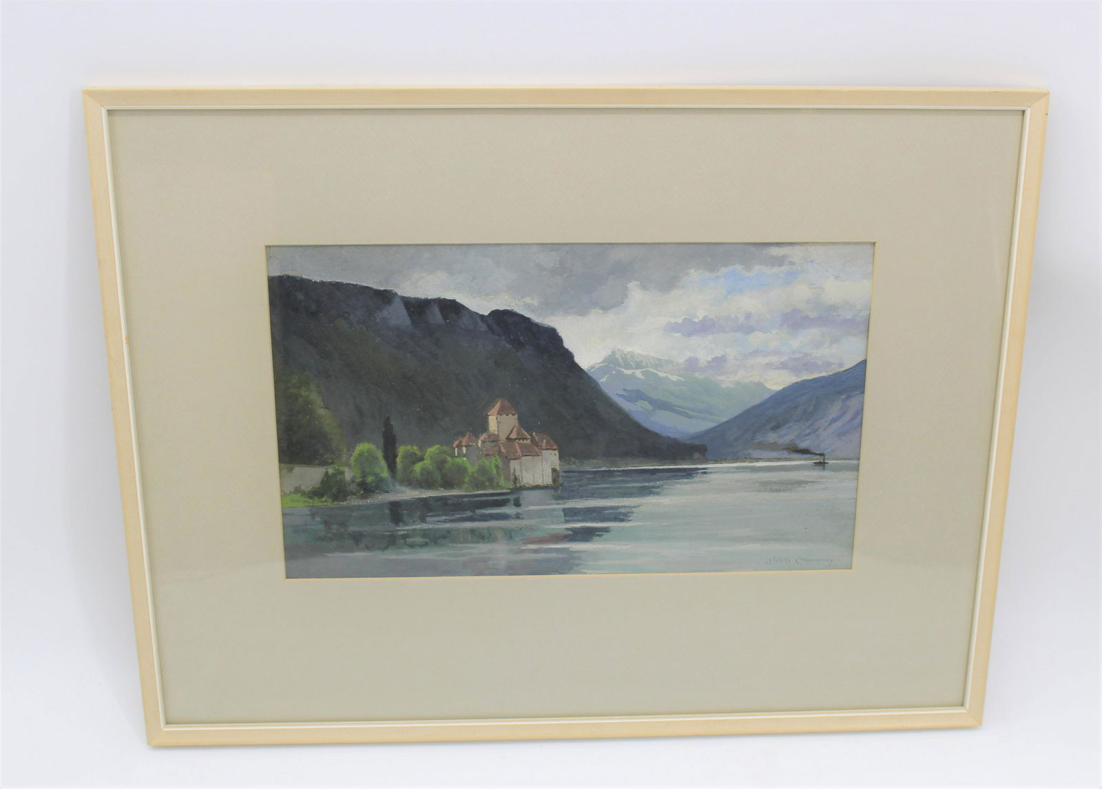 James Wells Champney (1843-1903) Gouache Painting: Signed J. Wells Champney (1843-1903) American Gouache painting mountainscape framed under glass. Frame - 24x18, site - 15.5x9.5.