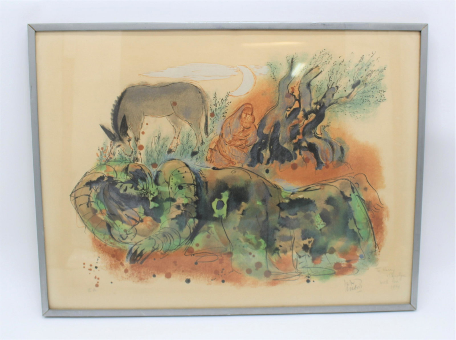 Reuven Rubin - Rest on Flight to Egypt: Reuven Rubin (1893-1974) Rest on Flight to Egypt Lithograph - Artist proof. Signature and "To Harry and Carolyn, with love 1974" written in pencil lower right, EA in lower left. Frame - 23.25x30.5.