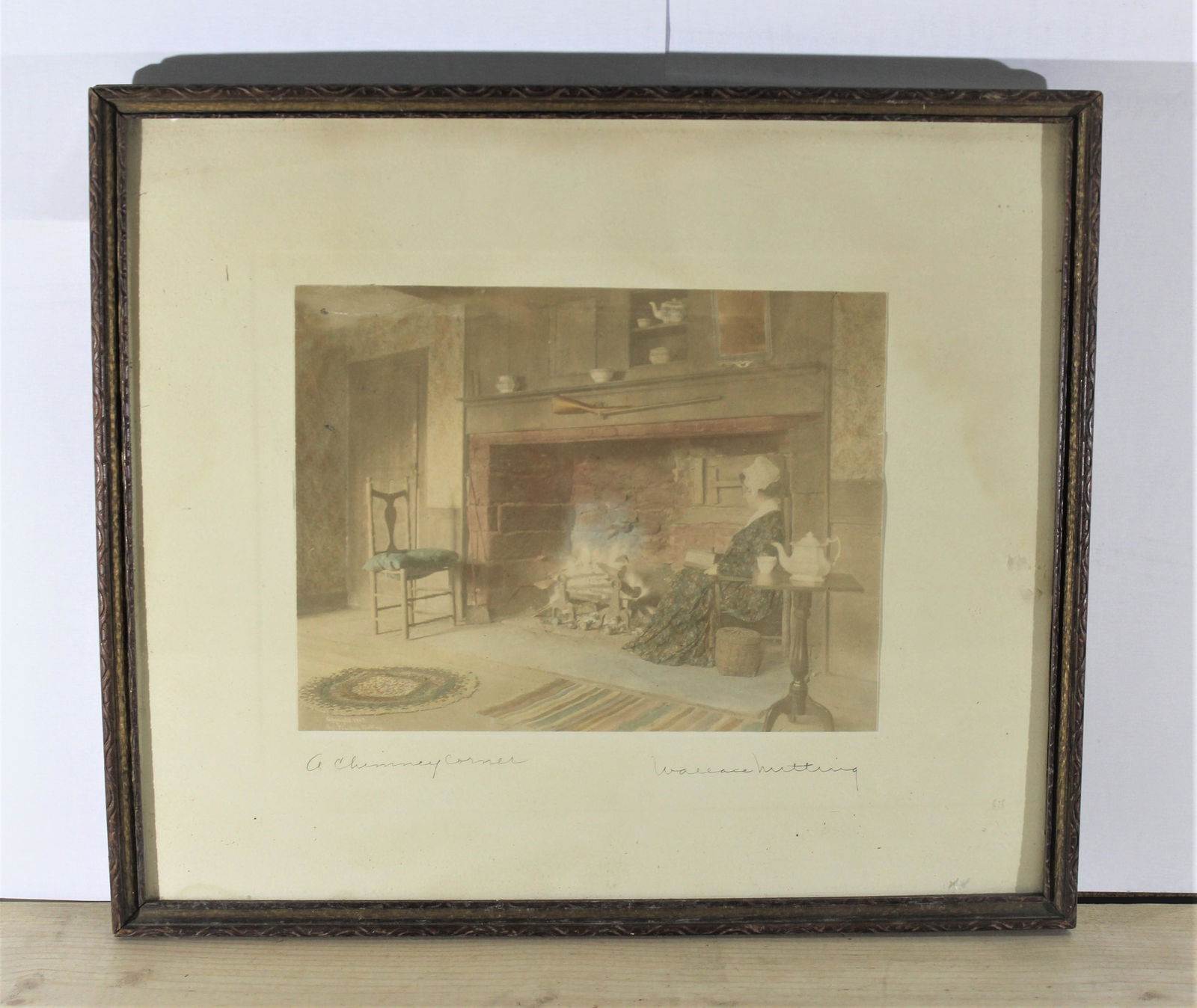1907 Wallace Nutting - Chimney Corner: Wallace Nutting (American 1861-1941) handcolored photo. Site - 7.25x9.5, frame 13.75x16.