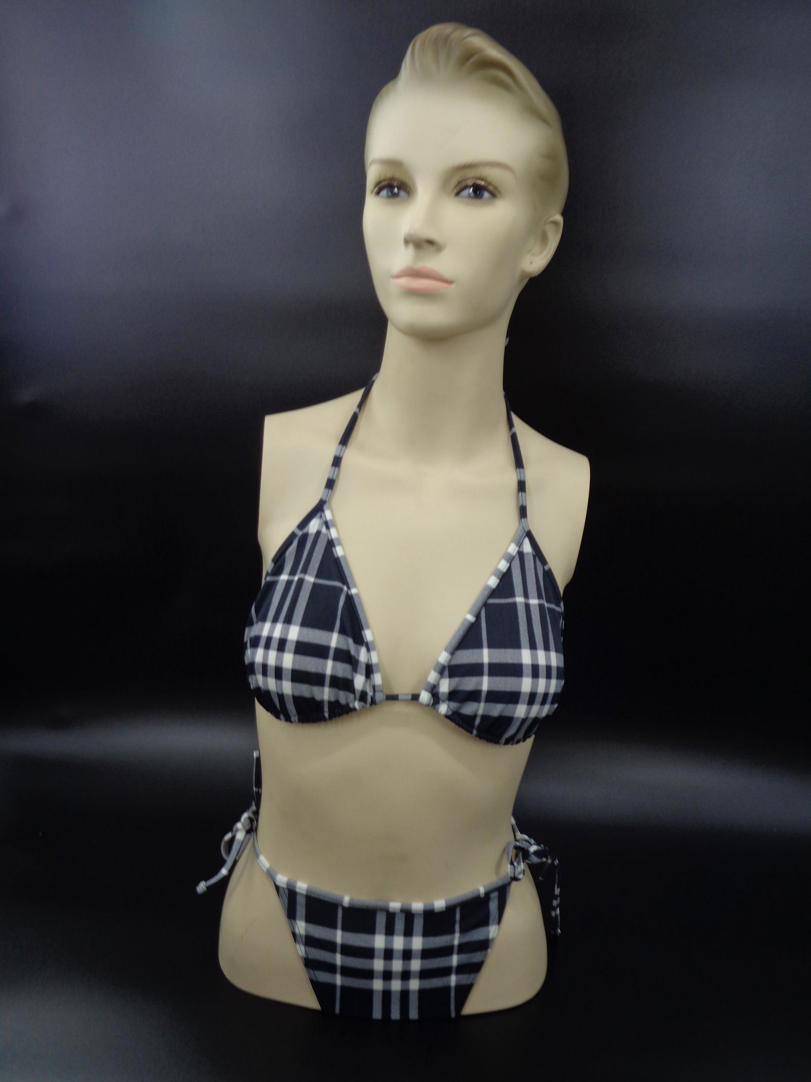 Burberry String Bikini: Burberry string bikini in classic in navy plaid. Size L. Made in England. Original price $238.