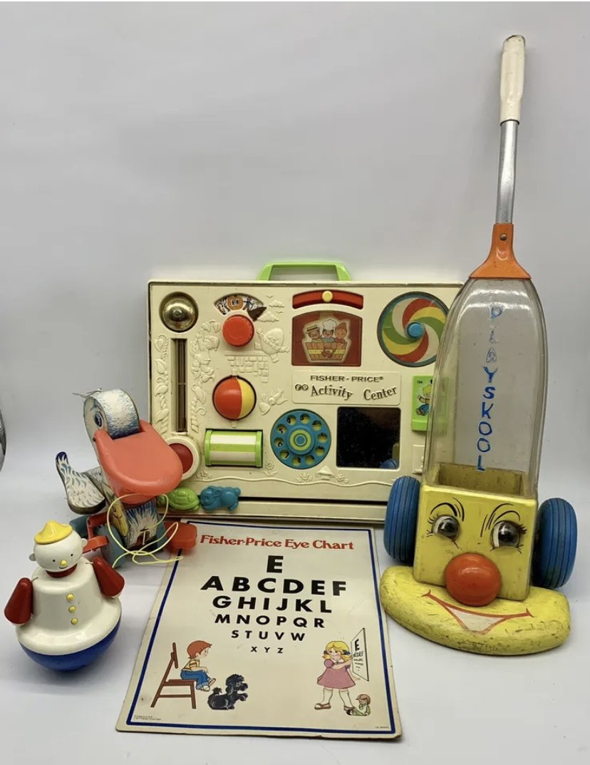 Vintage Fisher Price Toy Lot: Vintage Lot FISHER PRICE TOYS - Pull Toy, Playskool Vac, Activity Center.1973 Vintage Fisher Price Activity Center 1973 - crib mount, baby toy.1970â€™s Clown Toy - makes noise when rocking, in go