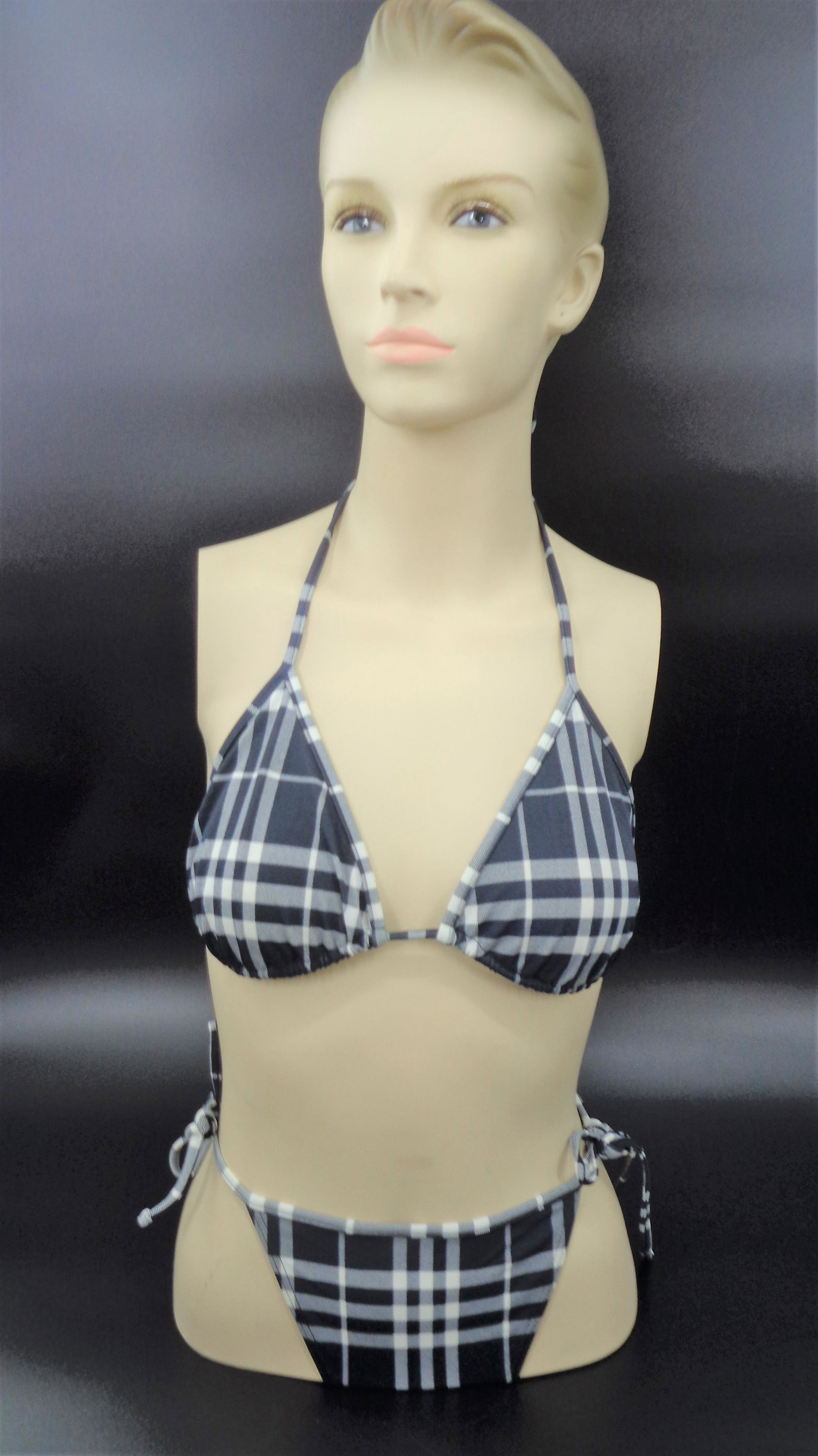 Burberry String Bikini: Burberry string bikini in classic in navy plaid. Size L. Made in England. Original price $238.