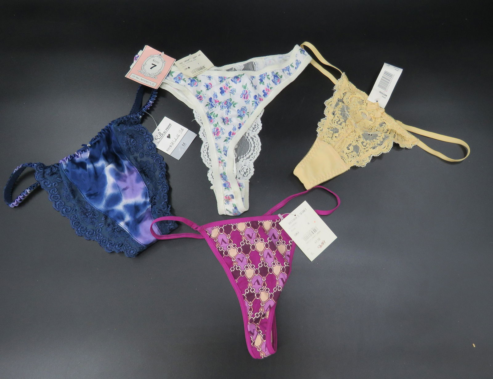 Lot of 4 Thong Underwear: All size 6 & 7 Med, ( DKNY,Silkscreen,Victoria Secret &Of the Moment) Brand