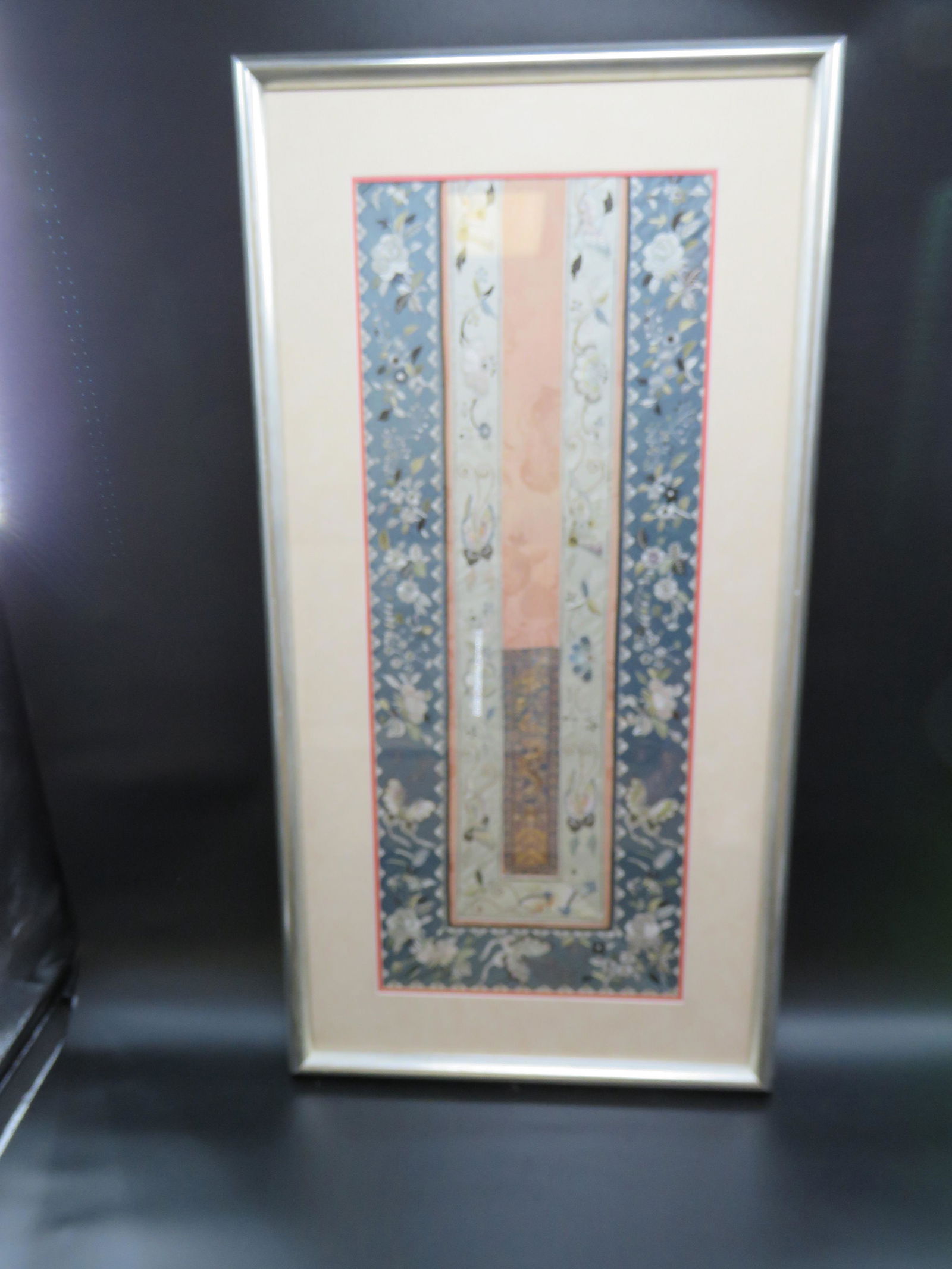Middle Eastern Antique Embroidered Fabric Art: 43.5" X 24" Total Size. Sight 34" X 14"