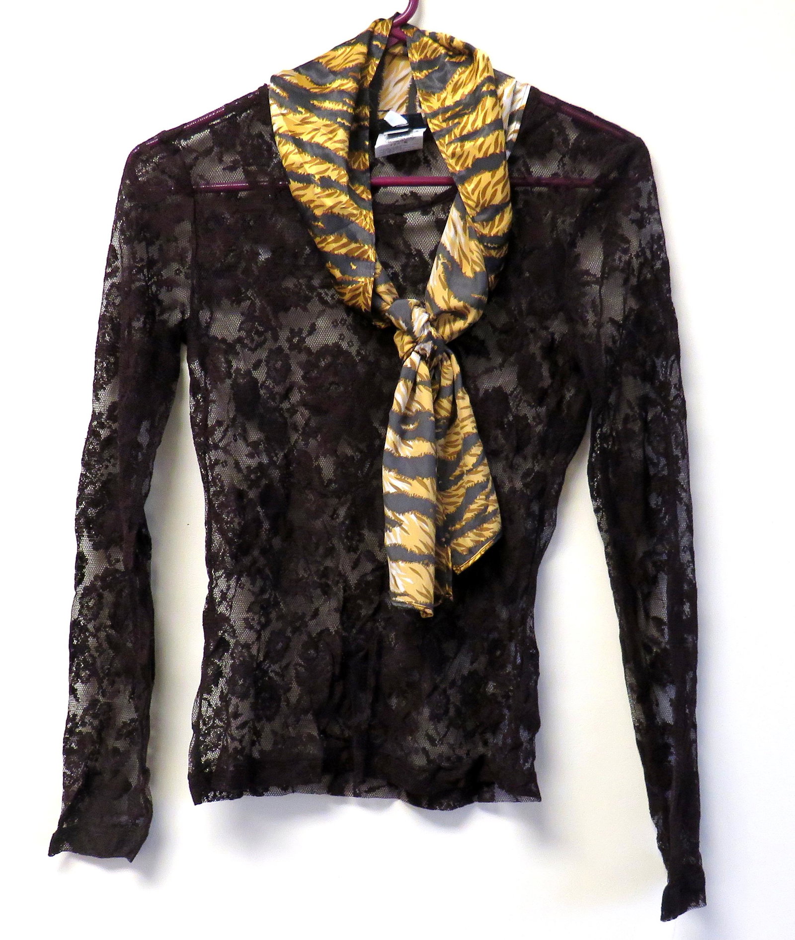 Dolce & Gabbana Lace Long Sleeve: D&G xs long sleeve lace shirt with animal print attached scarf.