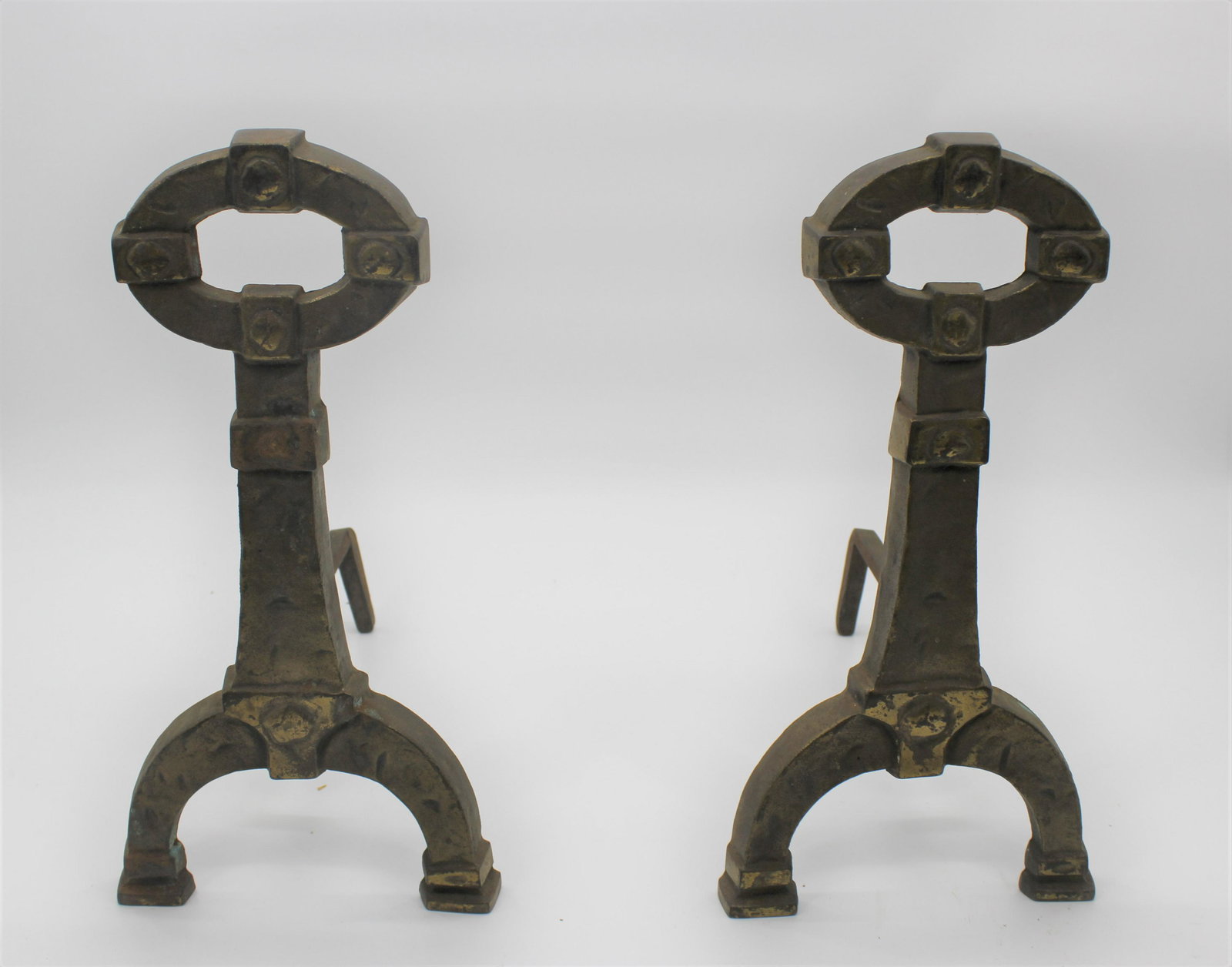Art Deco Gold Tone Brass Andirons: Both marked 11A. Heavy Brass.