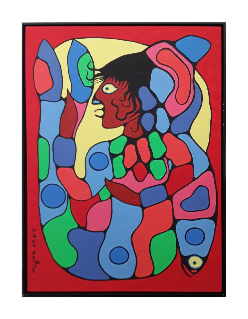 Norval Morrisseau's "Female Fish Demigod" Original: Norval Morrisseau's "Female Fish Demigod Merman" original acrylic on canvas painting. This is the equivalent of a 'Showstopper' size. This piece has been professionally custom framed. This has been ce