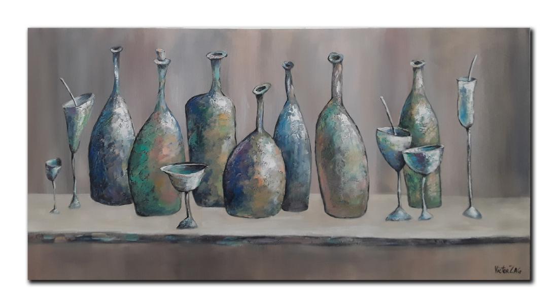Victor Zag Original Acrylic on Canvas Painting: An original acrylic on canvas work by Victor Zag. This piece depicts wine jugs and wine bottles, with wine and cocktail glasses. This is a lovely painting, and the subject matter is very relatable. Di
