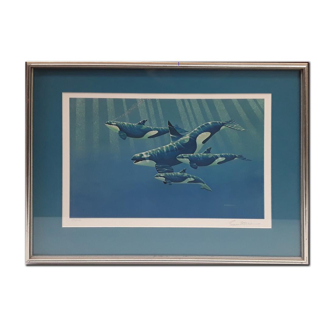 Richard Ellis' "Killer Whales" limited edition print: Richard Ellis' "Killer Whales" limited edition print signed and numbered 150/950. This has been custom framed and double matted with acid free matting. Included with certificate of authenticity. Dimen