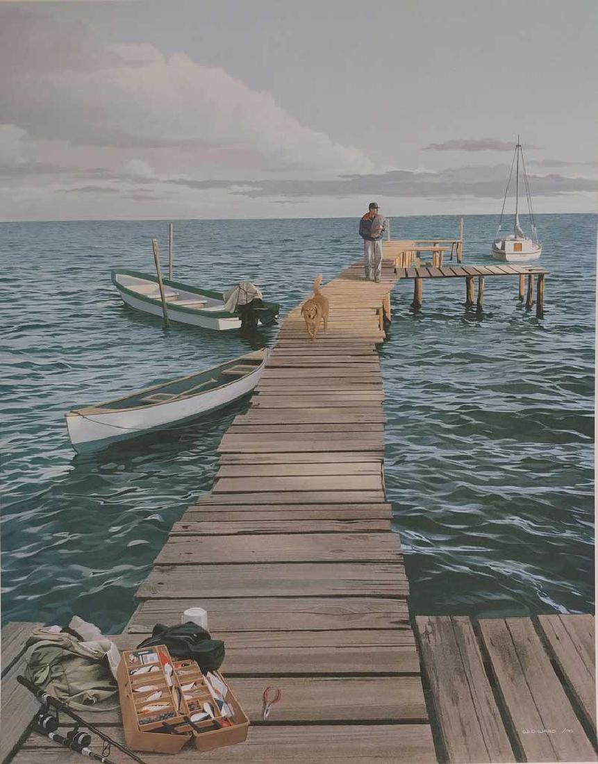 David Ward's "Day's End" Limited Edition Print Signed: David Ward's "Day's End" limited edition print signed and numbered of an edition of 695. This print is in mint condition and has never been framed. This print is of a man walking his dog along a dock,