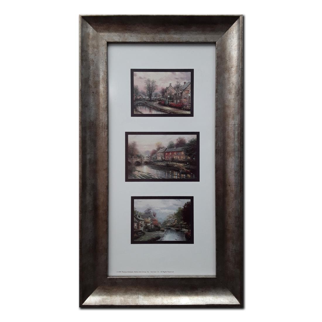 Thomas Kinkade Set of Three Open Edition Prints: Open edition set of 3 prints. These prints are in mint condition and have been professionally matted with double matting and custom framed under glass. Image- 14 3/4" x 6 1/2". Frame- 23 3/4" x 13"