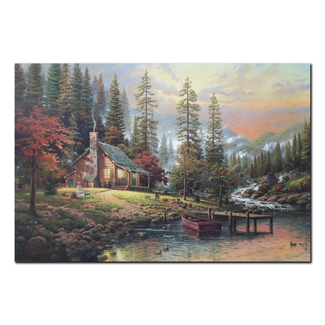 Thomas Kinkade's "A Peaceful Retreat" Open Edition: Thomas Kinkade's "A Peaceful Retreat" open edition print. This print is in mint condition and has never been framed. A lovely print of a cottage in the woods, with a red canoe at the end of the dock.