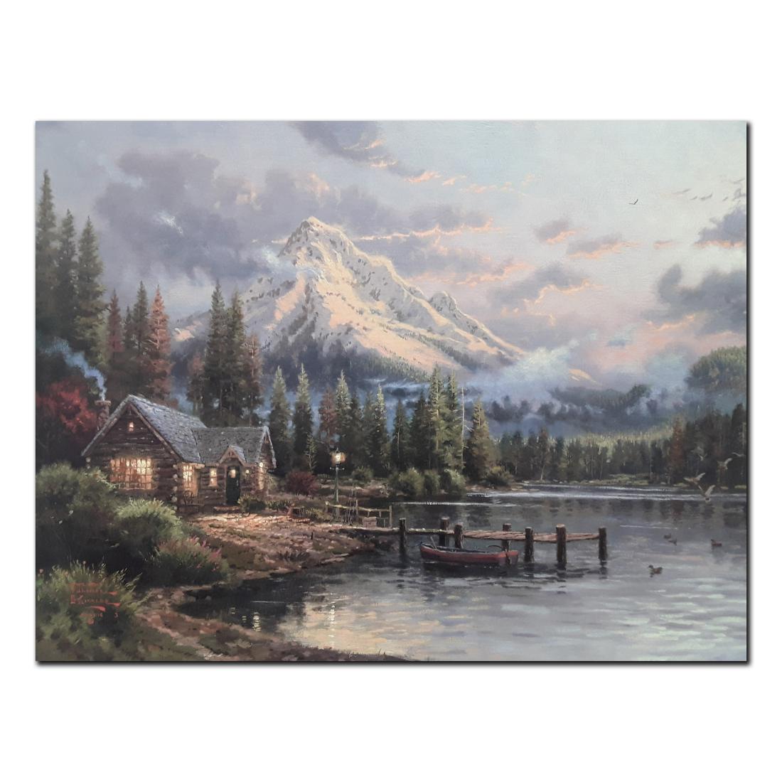 Thomas Kinkade's "Lakeside Hideaway" Open Edition Print: Thomas Kinkade's "Lakeside Hideaway" open edition print. This print is in mint condition and has never been framed. A nice print of a cottage in the woods with a red row boat attached the dock, with a