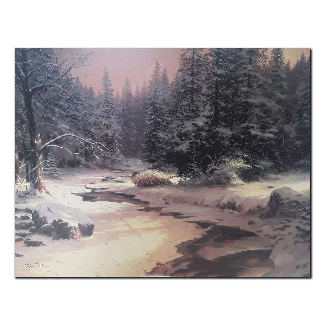 Thomas Kinkade's "Winter's End" Open Edition Print: Thomas Kinkade's "Winter's End" open edition print. This print is in mint condition and has never been framed. A beautiful print of a stream in the woods winter that has frozen over, with snow on the