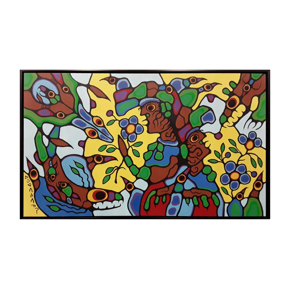 Norval Morrisseau's "Remembering The Place Of Summer: Norval Morrisseau's "Remembering The Place Of Summer Harvest" original acrylic on canvas painting. This is an extremely rare Norval Morrisseau painting from 1980. The subject matter of this painting i