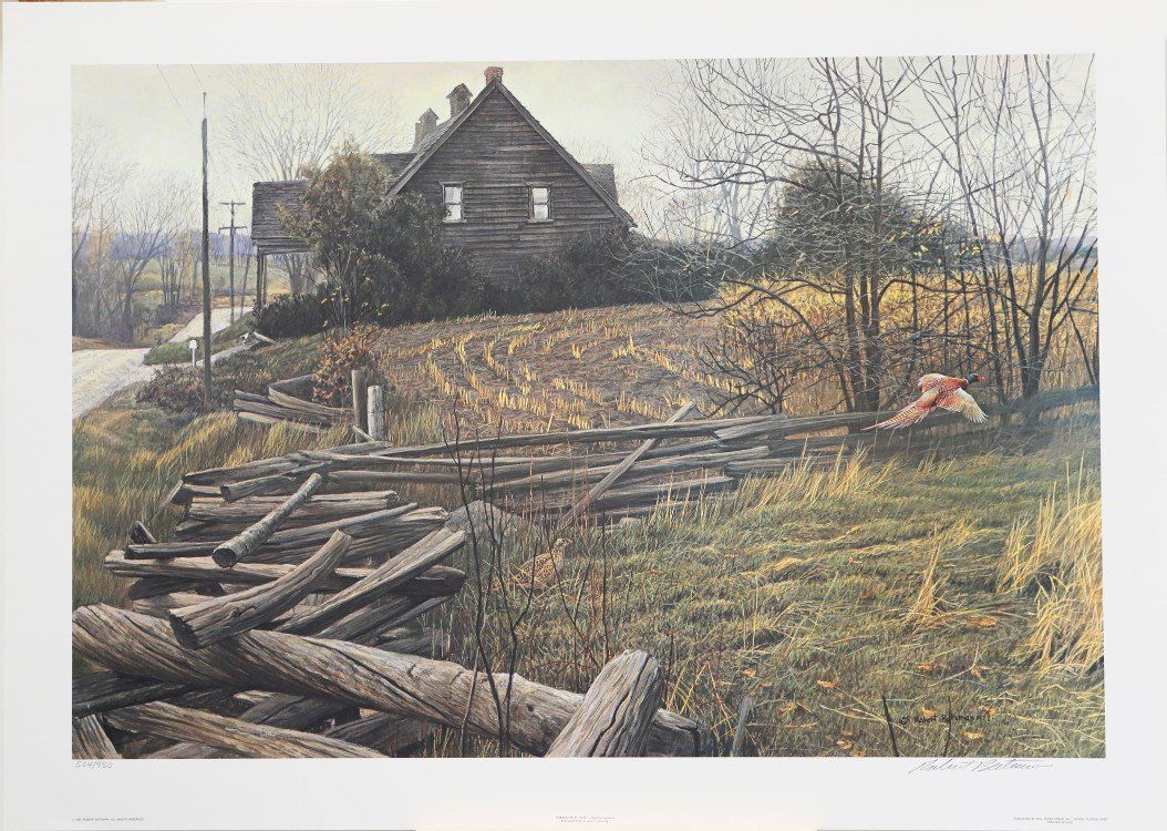 Robert Bateman's "Pheasants at Dusk" Limited Edition: Robert Bateman's "Pheasants at Dusk" limited edition print signed and numbered 504/1950. "The landscape reflects an earlier, more harmonious time when man worked more closely with nature. Family farms