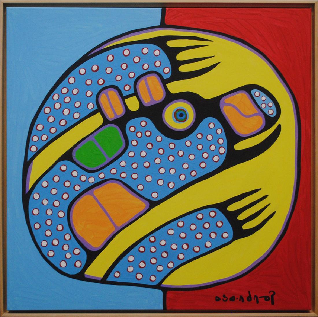 Norval Morrisseau's "Bear in Blue Dots" Original: Norval Morrisseau's "Bear in Blue Dots" original acrylic on canvas framed painting. Signed in Cree syllabics Copper Thunderbird. Signed and in English, in graphite, au verso. Certified authentic and a