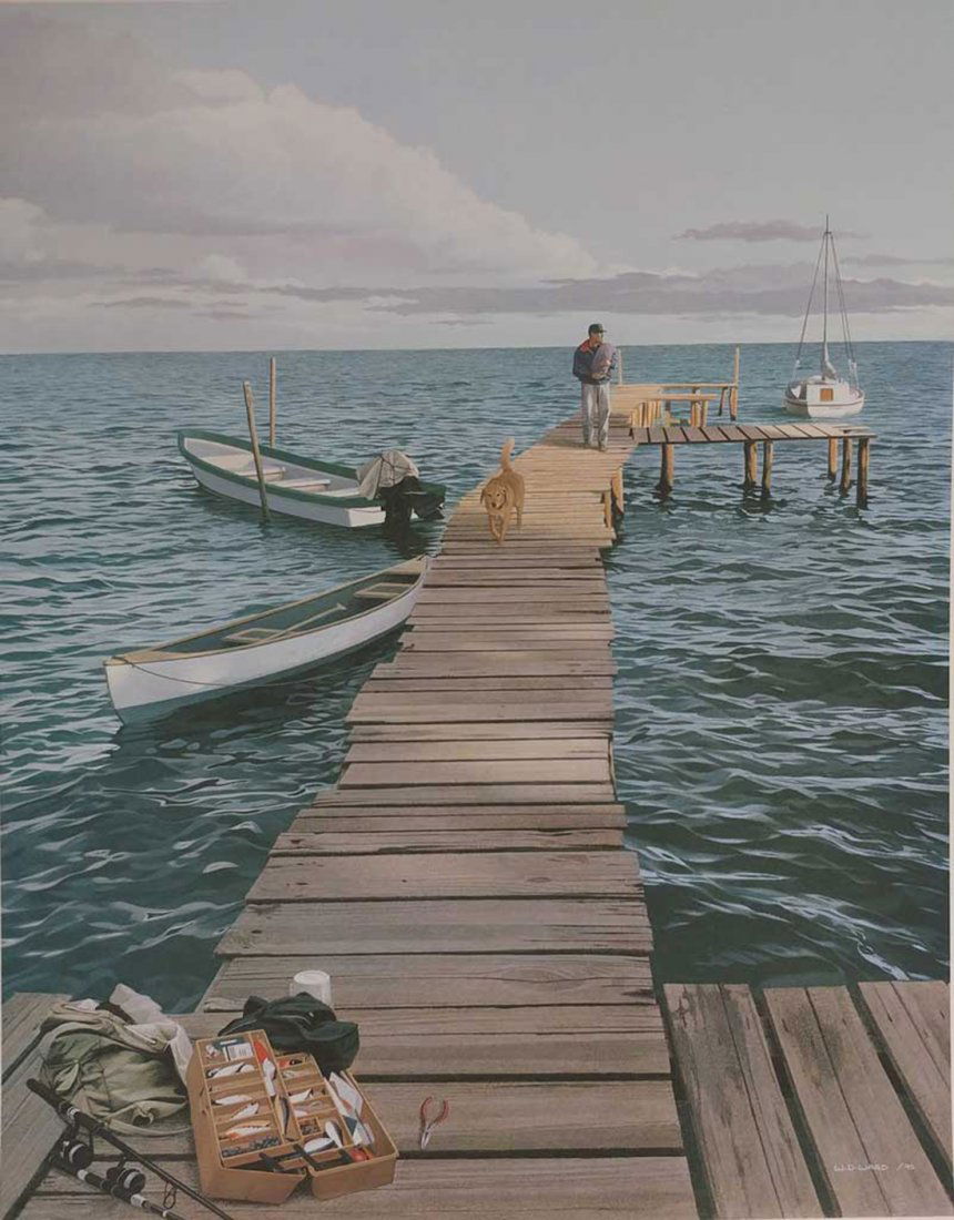 David Ward's "Day's End" Limited Edition Print: David Ward's "Day's End" limited edition print signed and numbered of an edition of 695. This print is in mint condition and has never been framed. This print is of a man walking his dog along a dock,