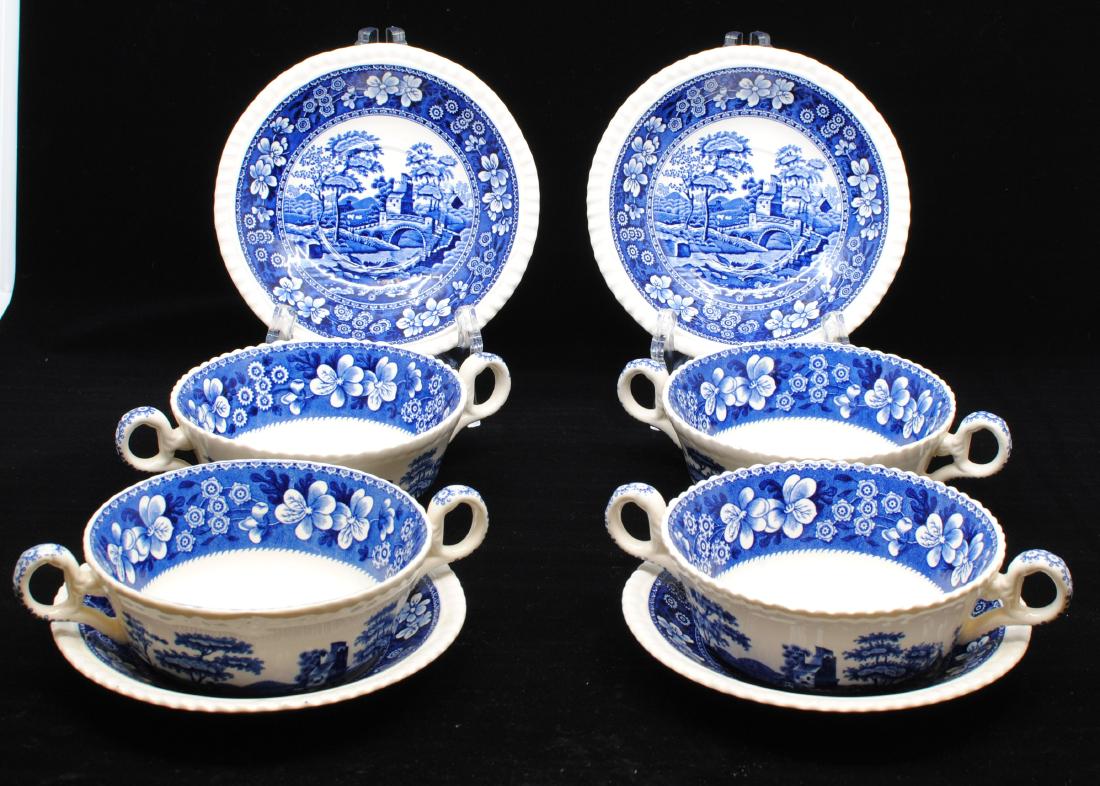Spode Soup Bowls/Plates Collection With Rare Pattern: Four double handled soup bowls with plates. There is a rare blue tower pattern on this antique set. All pieces are stamped Spode, "England Blue Tower, from a design C.1814 M. M1". This lot is in excel