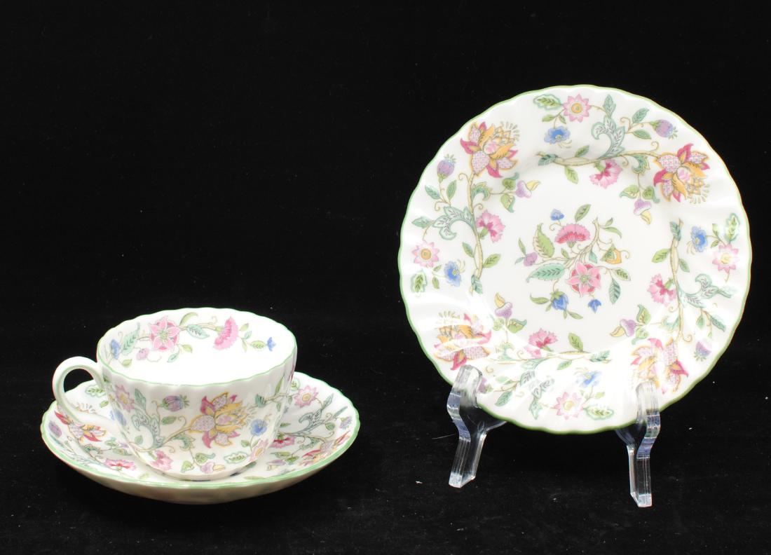 Minton Haddon Hall Tea Plate and Cup Set B1451: Minton Haddon Hall tea plate and cup set B1451, bone china made in England. A set of 8 matching cups, 8 matching tea plates, and 8 matching dessert plates, with beautiful colourful floral designs. Eac