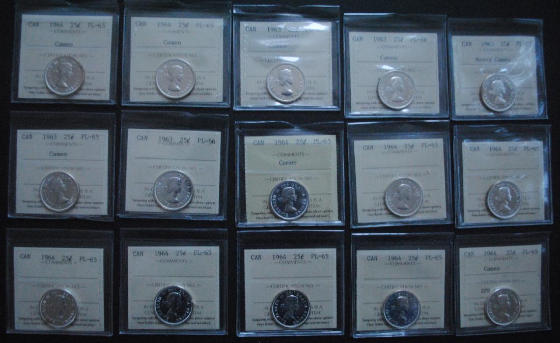 Canada 25 Cent Prooflike Collection: Canada 25 cent prooflike collection containing 15 coins individually certified and graded PL65 and PL66 by ICCS. This lot includes 10- Canada 1964 25 cents, and 5- 1963 Canada 25 cents.