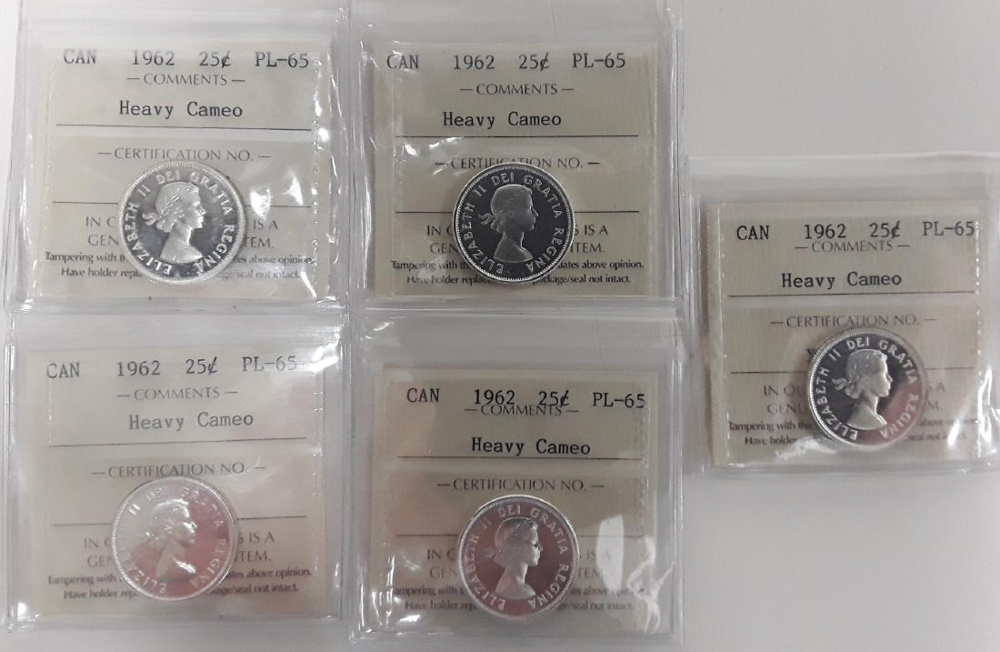 Canadian 1962 Prooflike 25 (quarter) Cent Coin: A collection of 30- Canada 1962 25 cents. This spectacular set of coins includes 10- 1962 Canada 25 cents graded PL65 heavy cameo by ICCS, and 20- 1962 Canada 25 cents graded PL66 cameo by ICCS. The c