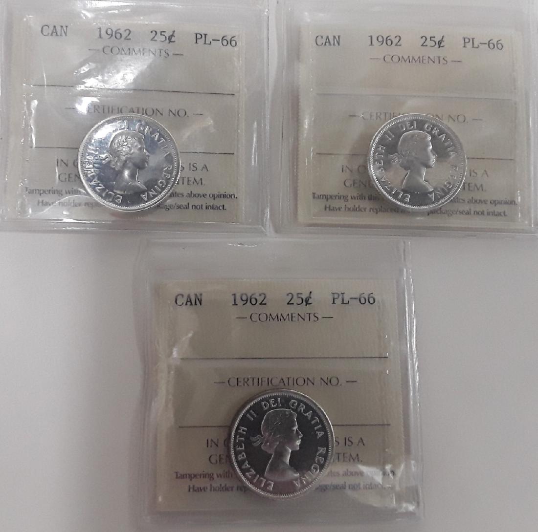 Canadian 1962 Prooflike 25 (quarter) Cent Coin: A collection of 30- 1962 25 cents graded PL66 by ICCS. Charlton catalogue value is $750.