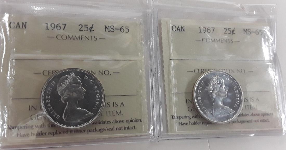 Canadian 1967 25 Cent Coin Collection (quarter): This collection includes 8- 1967 Canada 25 Cents (centennial 25 cent). Each coin has been individually certified and graded MS65 by ICCS. These coins are all considered 'gem'. Charlton catalogue value