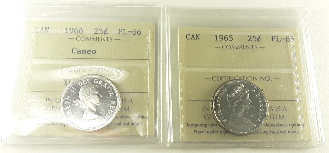 Canadian Prooflike 25 Cent Collection: This collection contains 7 Canada prooflike 25 cents. Each coin has been individually certified and graded by ICCS. This collection includes 1- 1959 Canada 25 cent PL66, 1- 1960 Canad 25 cent PL66 cam