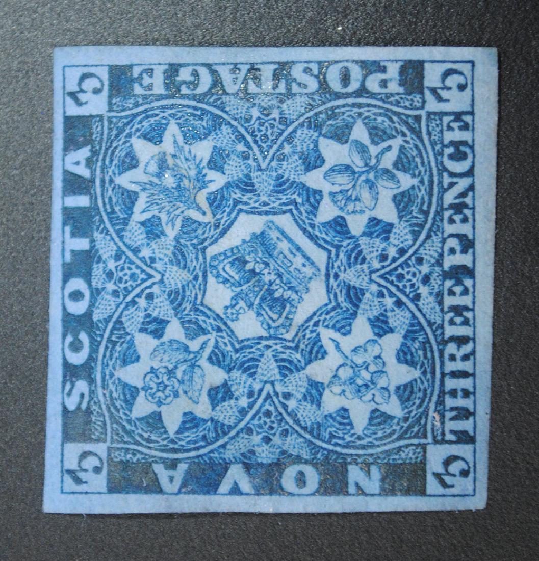 Canada Nova Scotia 3 Pence S/C #3 A2 MH VF OG.: Canada Nova Scotia 3 Pence Dark Blue S/C #3 A2 MH VF OG. "Crown of Great Britain and Heraldic Flowers of the Empire". Mint, Hinged, Very Fine, Original Gum. This stamp is exceptionally rare with its o