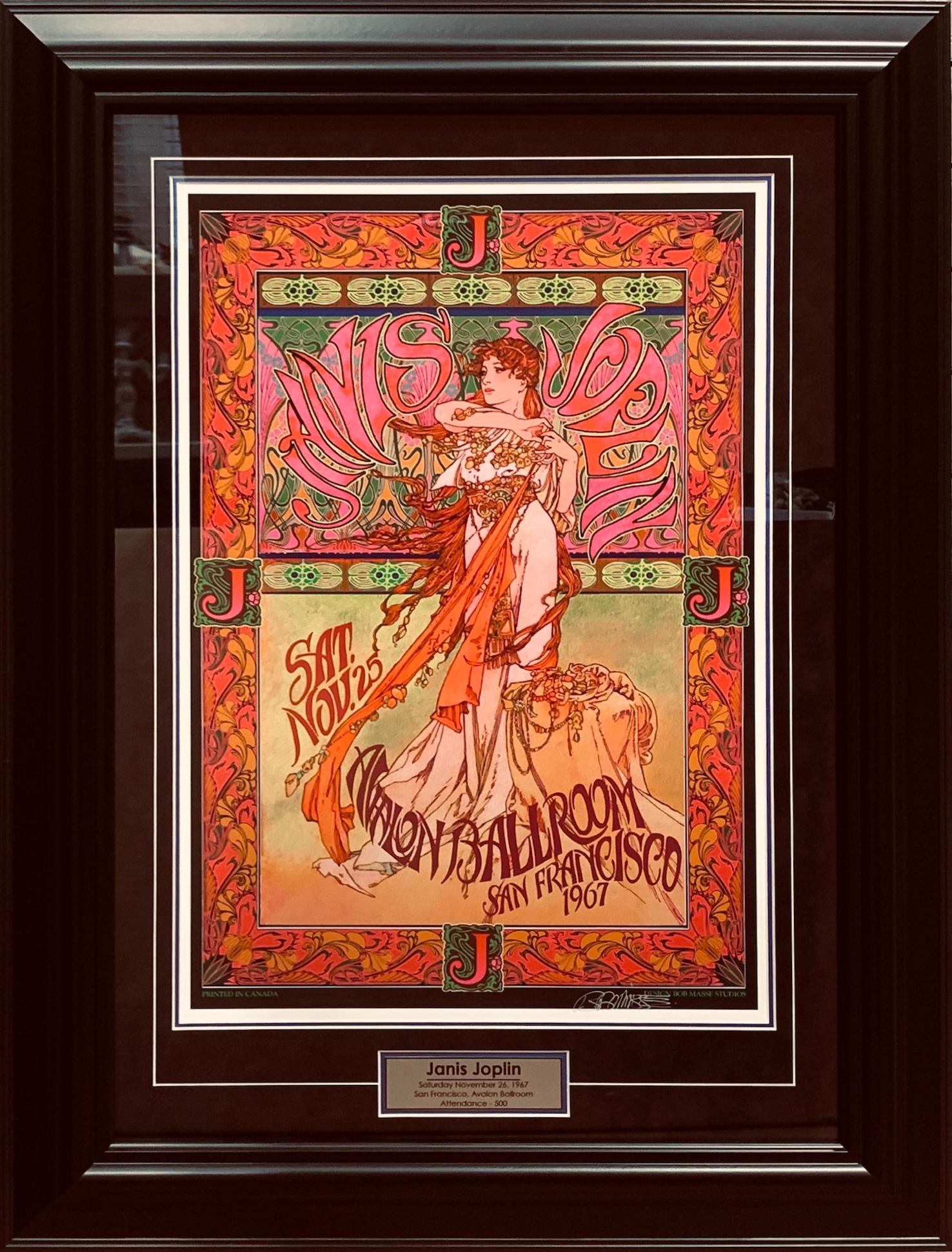 Janis Joplin - Saturday November 26, 1967: Janis Joplin - Saturday November 26, 1968 San Francisco, Aviation Ballroom Attendance - 500. Design by Bob Masse Studios. This piece has been professionally double matted, and custom framed under glas