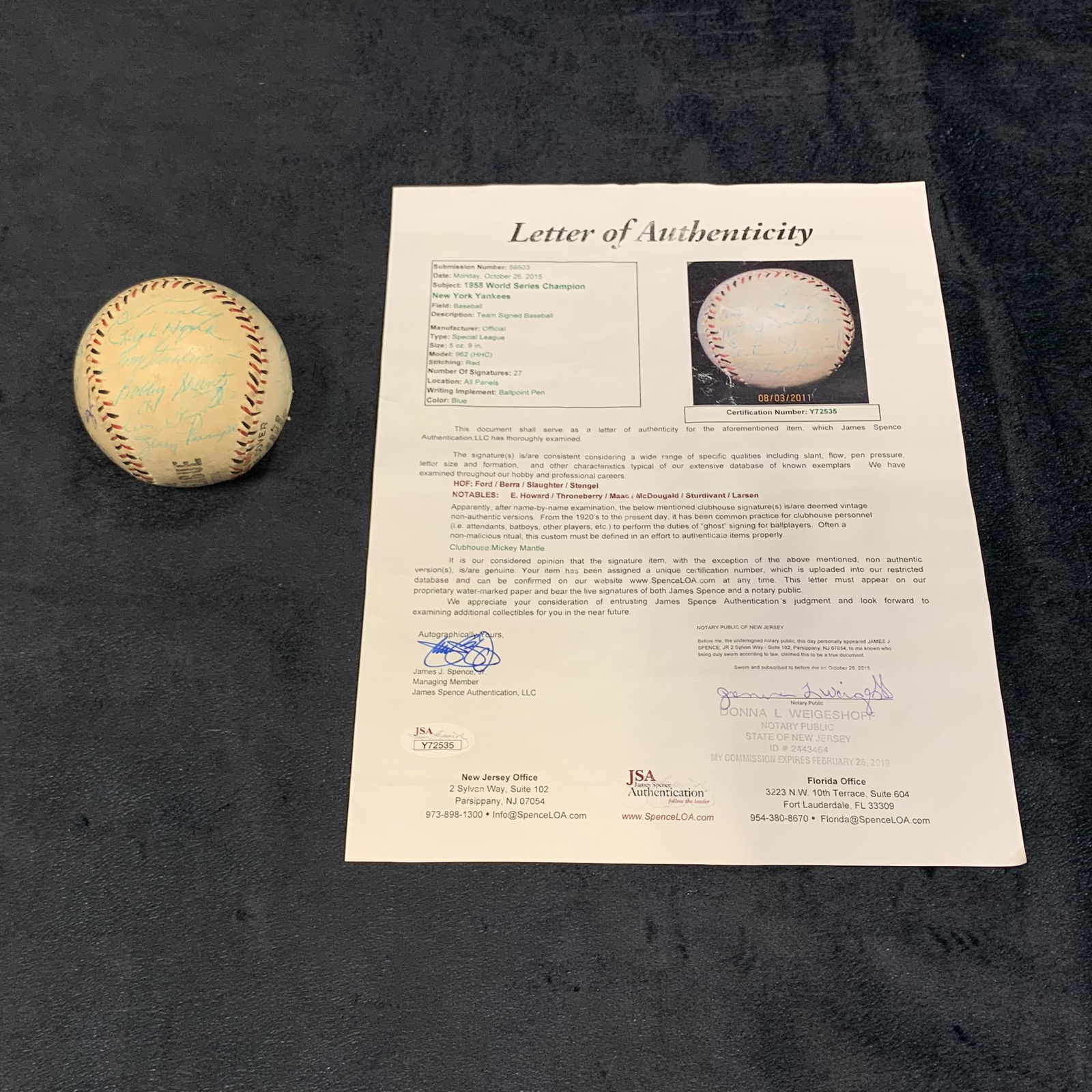Autographed 1958 World Series Champion New York Yankees: Autographed 1958 World Series Champion New York Yankees team signed baseball, included with a letter of authenticity from JSA (James Spence Authentication). Certification number Y72535. This baseball