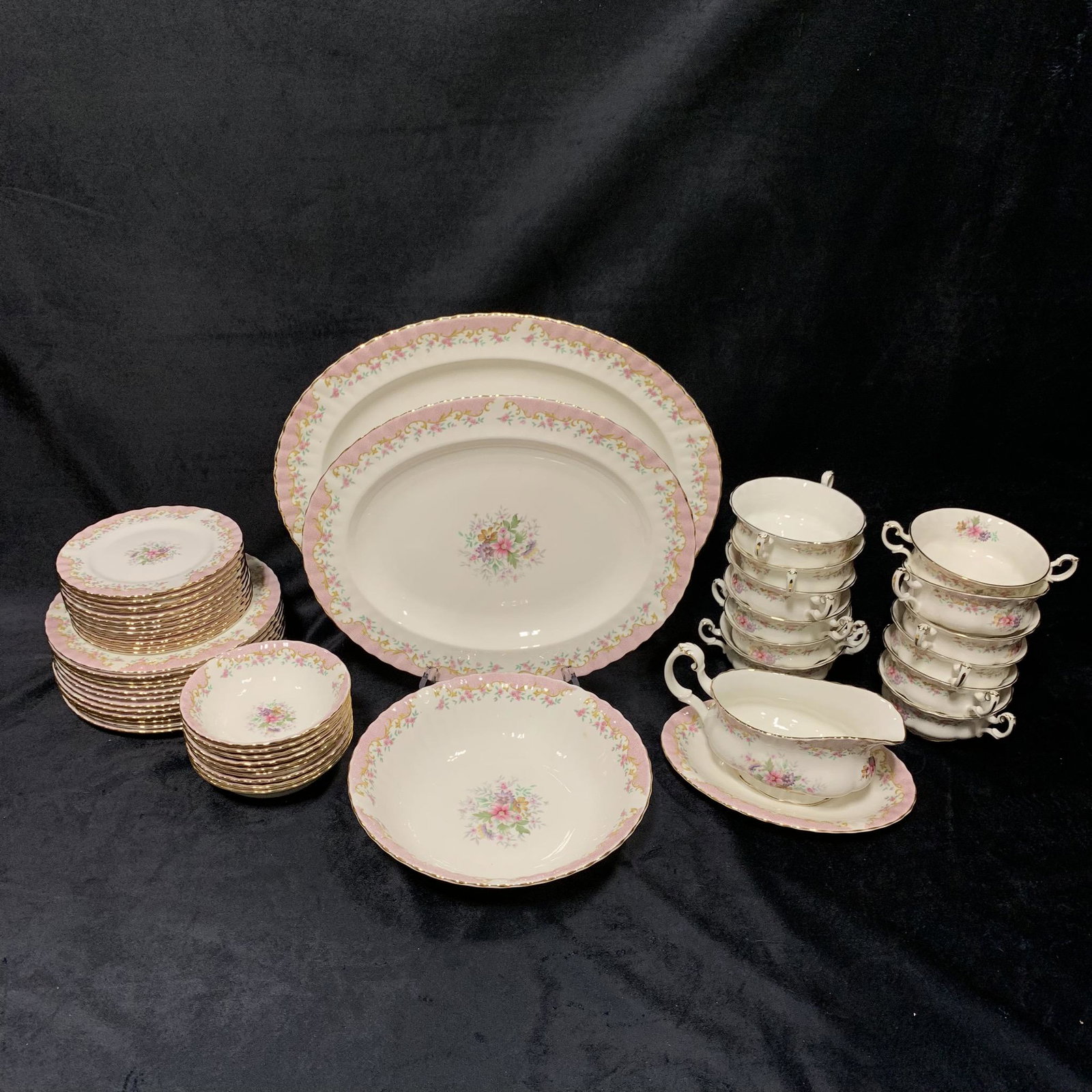 Royal Albert "Serenity" Serving Set: Royal Albert "Serenity" serving set. This set has a total of 48 pieces. Included are 1- very large serving platter, 1- large serving platter, 1- large serving bowl, 12- bowls each with two handles, 12