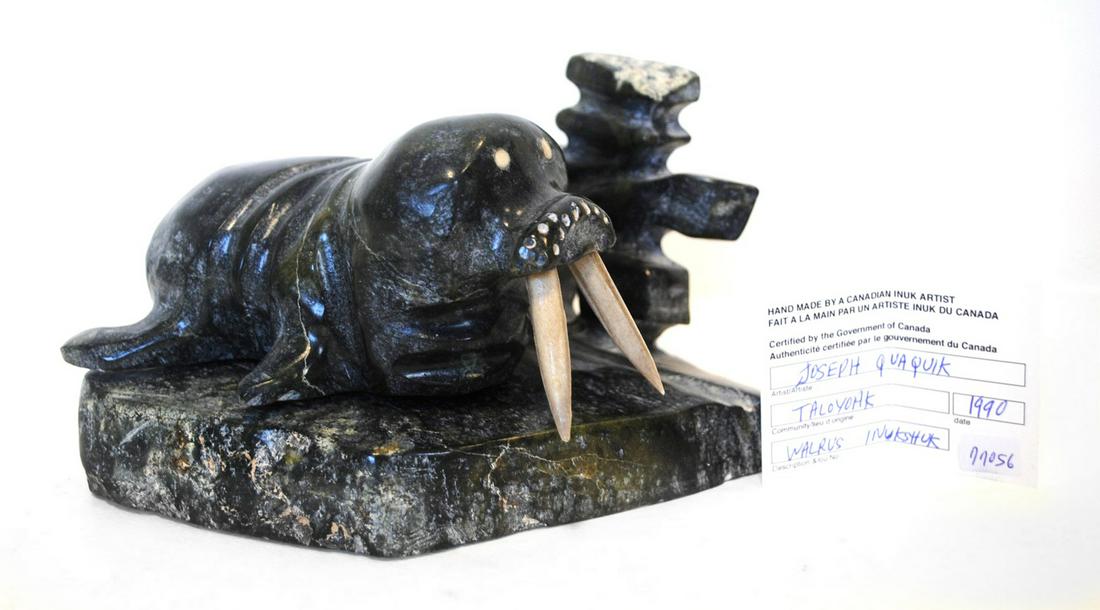 Seepee Pootasie's "Seal" Original Inuit Carving: Joseph Quaquik's "Walrus Inukshuk" original Inuit carving. Carved in 1990, from the community of Taloyoak. 7" x 6" x 4 1/4"7" x 6" x 4 1/4"