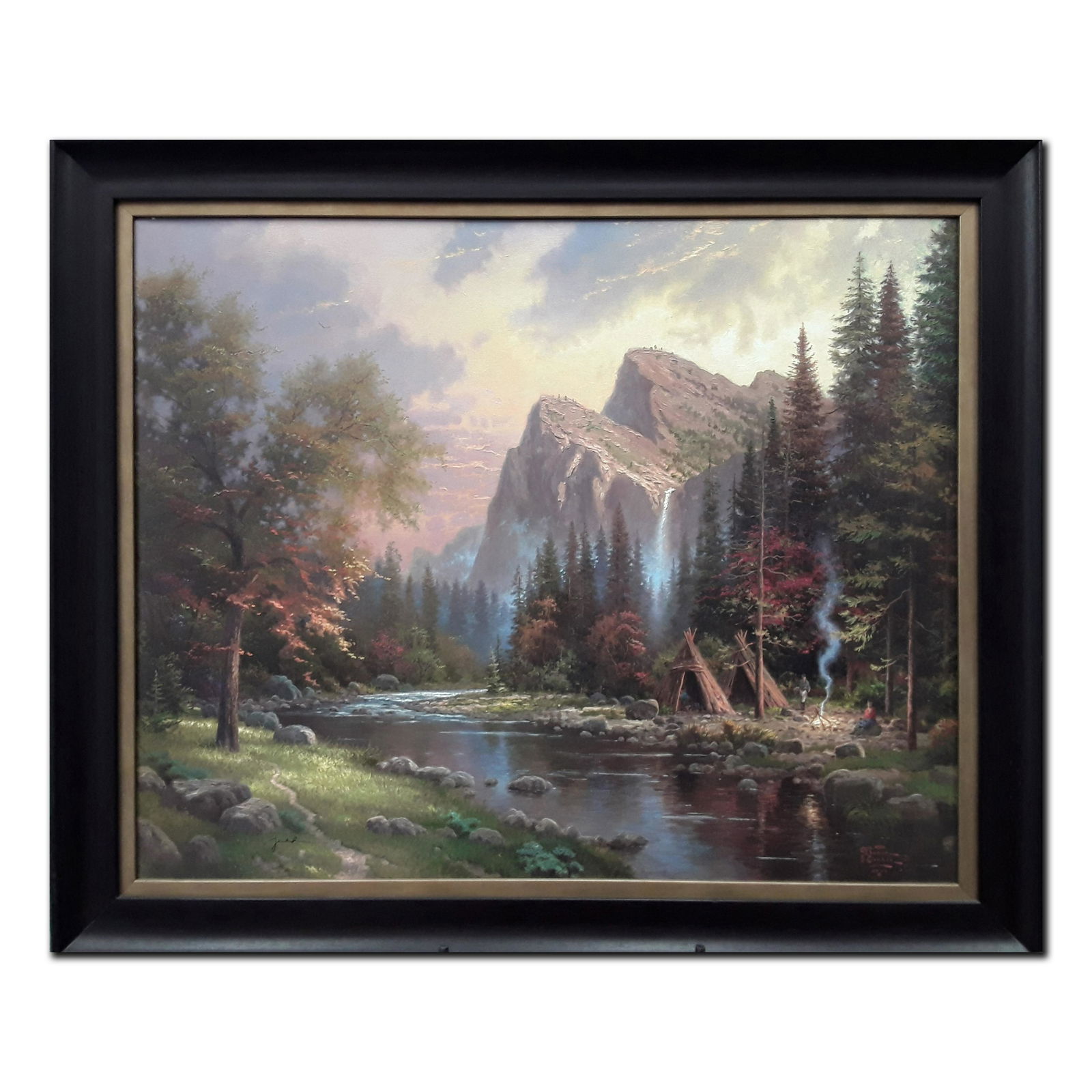 Thomas Kinkade's Open Edition Hand Embellished Framed: Thomas Kinkade's open edition hand embellished framed giclee canvas. A hand embellished canvas of a stream in the middle of the woods, with two people camping who have made a camp fire, and a magnific