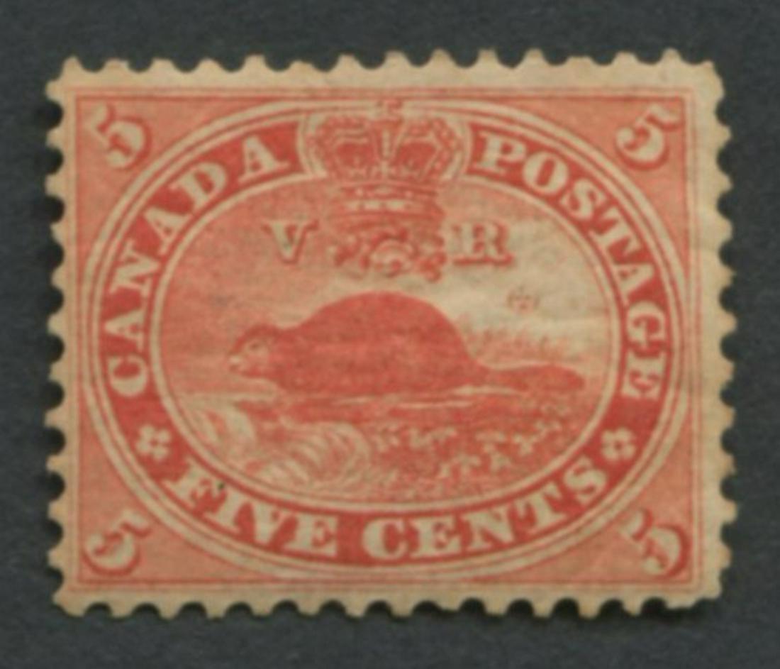 Canada #15 5c Vermillion MH VF OG: Canada #15 5c "Beaver" Vermillion MH (mint hinged) VF (very fine) OG (original gum). First Cents Issue. A nice clean stamp with great colour. Unitrade value = $800.