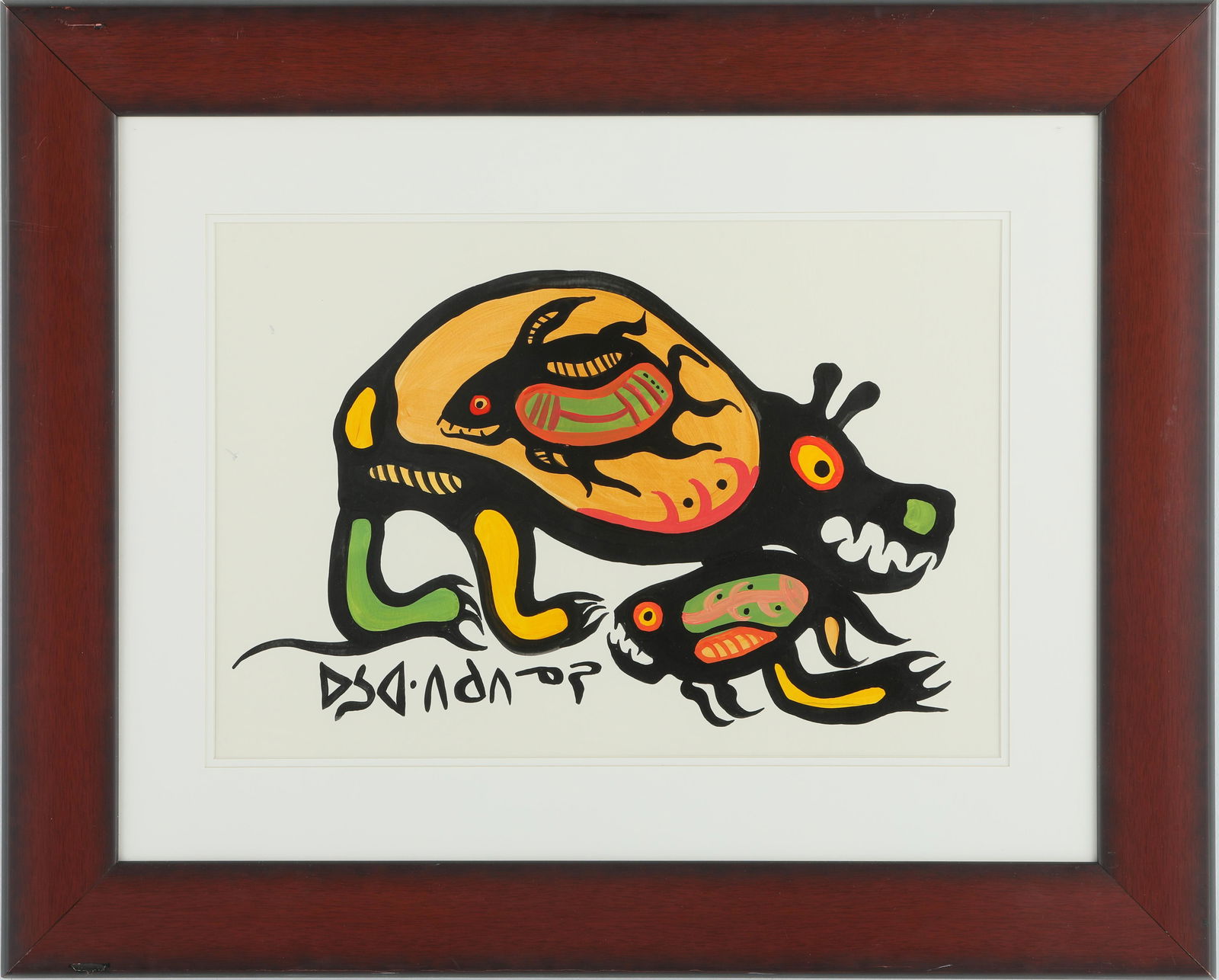 Norval Morrisseau's "Spirit Bear and Spirit Fish": Norval Morrisseau's "Spirit Bear and Spirit Fish" original acrylic on paper. Signed in Cree syllabics Copper Thunderbird, au recto. This piece has been certified genuine and authentic, and has been ap