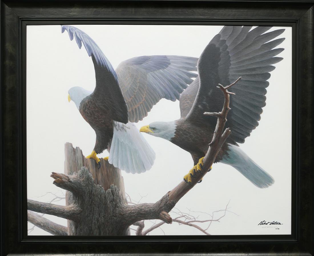 Robert Bateman's "Landings - Bald Eagles" LE Canvas: Robert Bateman's "Landings - Bald Eagles" limited edition framed canvas signed and numbered of an edition of 99. Image- 30" x 38". Frame- 36 1/4" x 44 1/4".