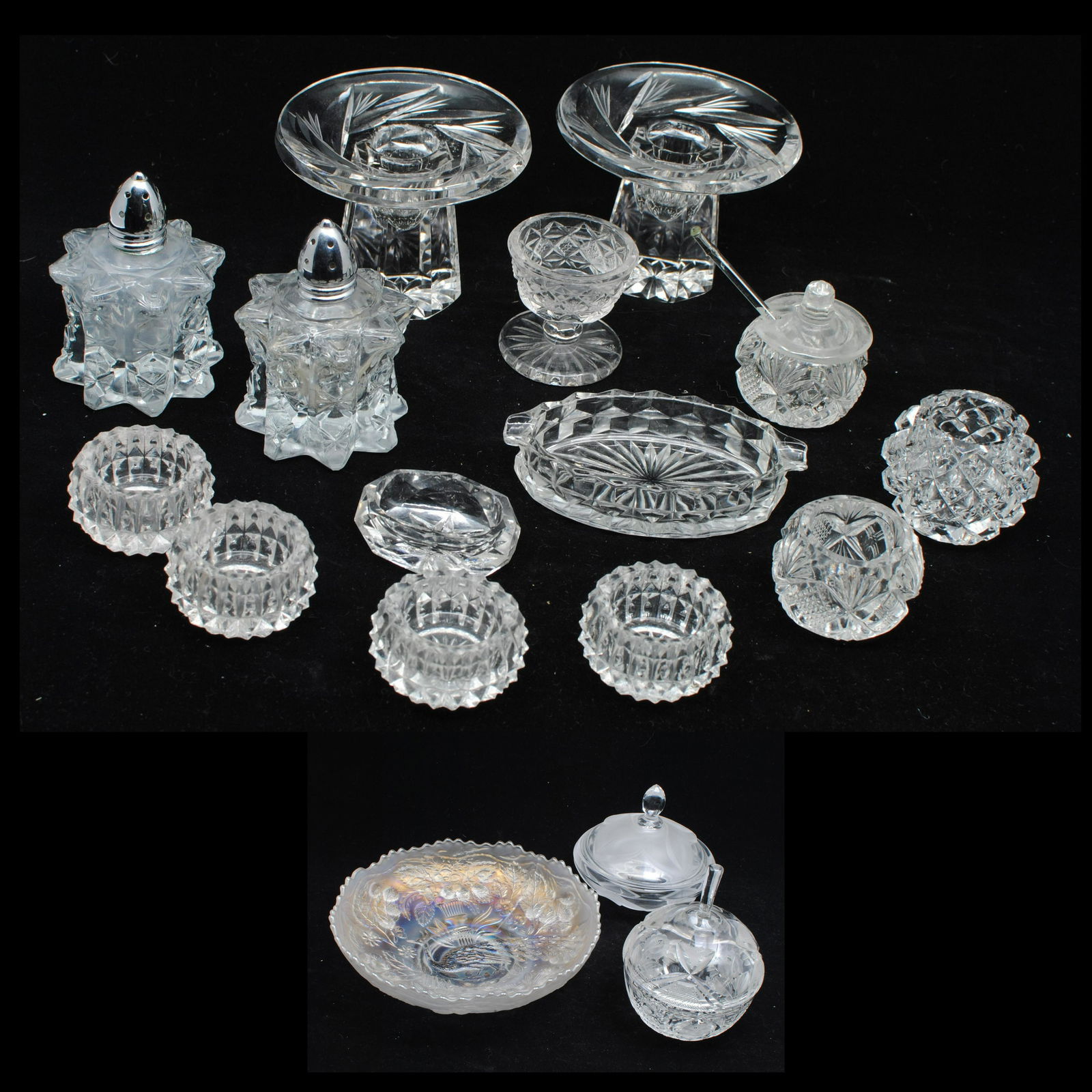 Collection of Household Crystal: A collection of various crystal household items. Included are a collection of various crystal pieces for the table. Highlights include two peatiful candle holders, egg cups, and mini honey bowl. This