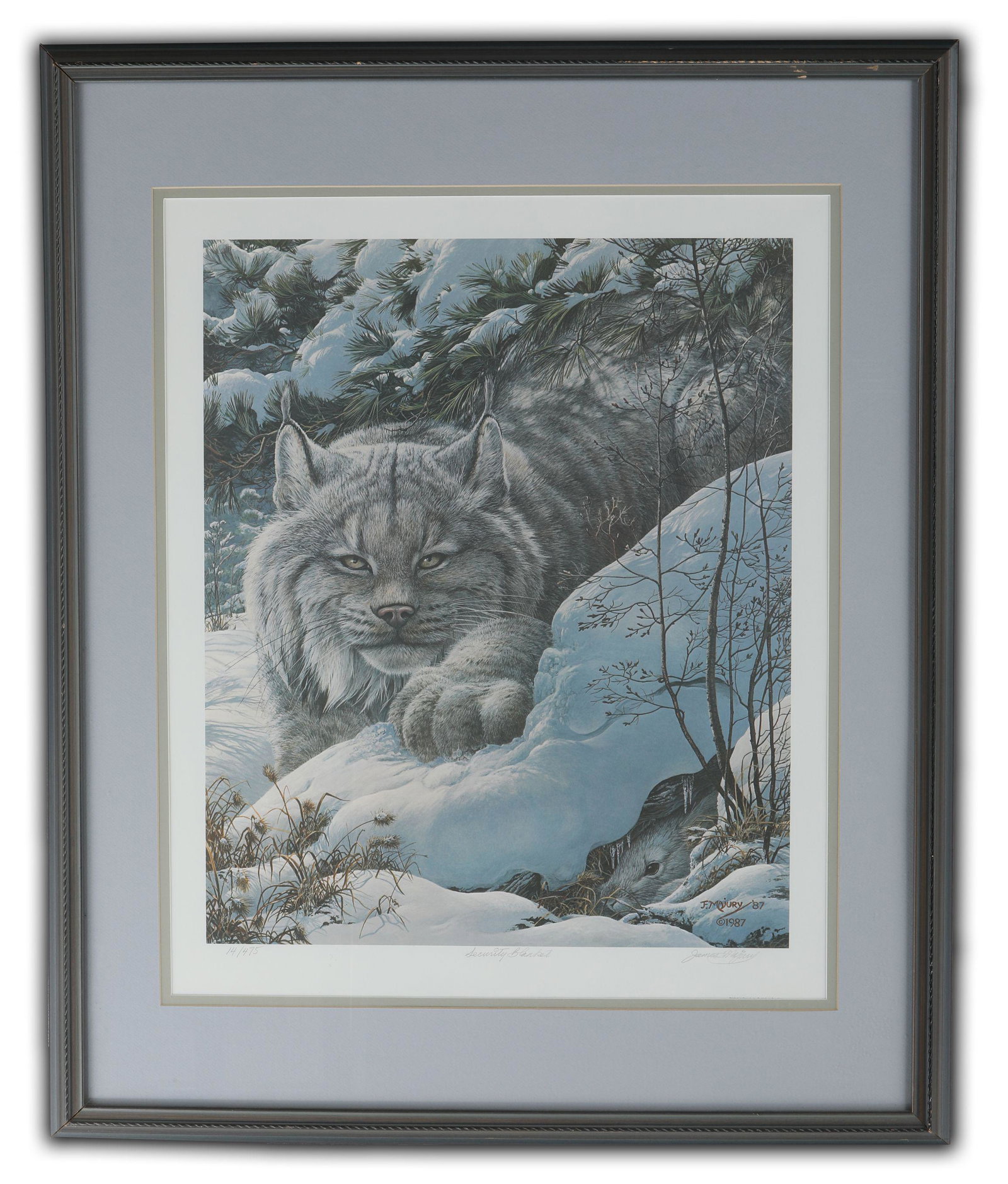 James Marjury's "Security Blanket" Limited Edition: James Marjury's "Security Blanket" limited edition print, signed and numbered 14/475. This piece has been professionally double matted, and custom framed under glass. Image- 25 1/4" x 21". Frame- 40" 