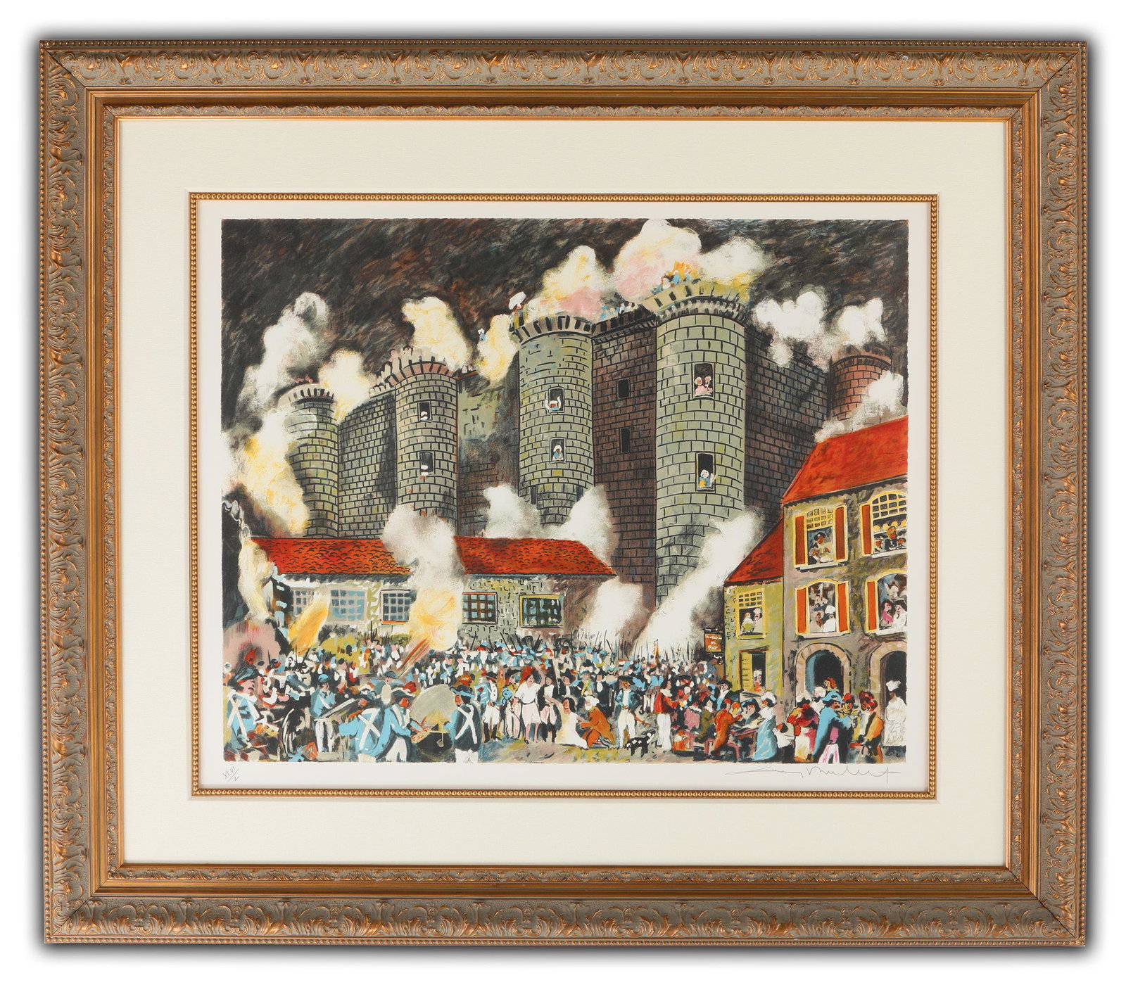 Guy Buffett's "Storming the Bastille at Lunch Time": Guy Buffett's "Storming the Bastille at Lunch Time" limited edition print, signed and numbered XLVI/L. A piece of a castle on fire. This piece has been professionally matted, and custom framed under g