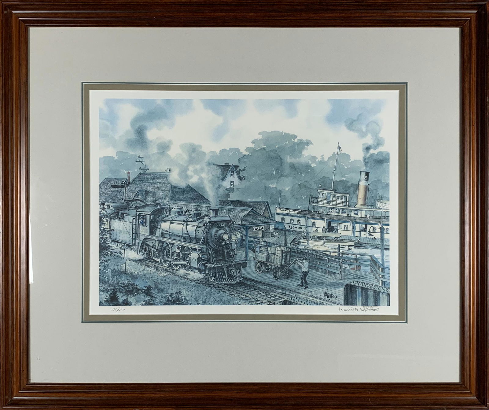 Wentworth Folkins "Bala Station" Limited Edition Print: Wentworth Folkins "Bala Station" limited edition print, signed and numbered 179/250. This piece is of train number 2236 pulling into Bala Station. This has been professionally triple matted using acid
